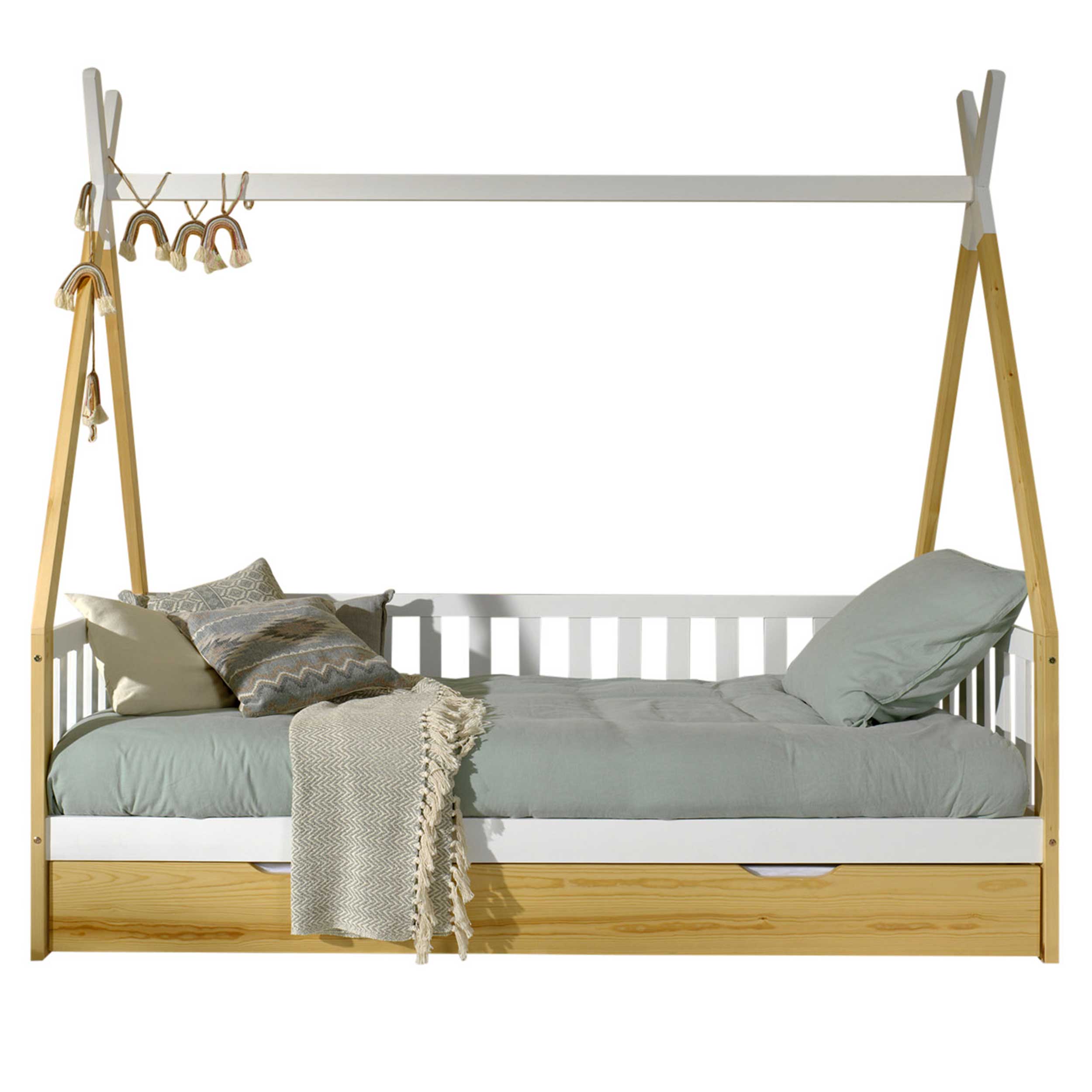 Lit tipi 90 x 200cm avec barrière et tiroir de lit bois massif - bois de pin/blanc - Image 7