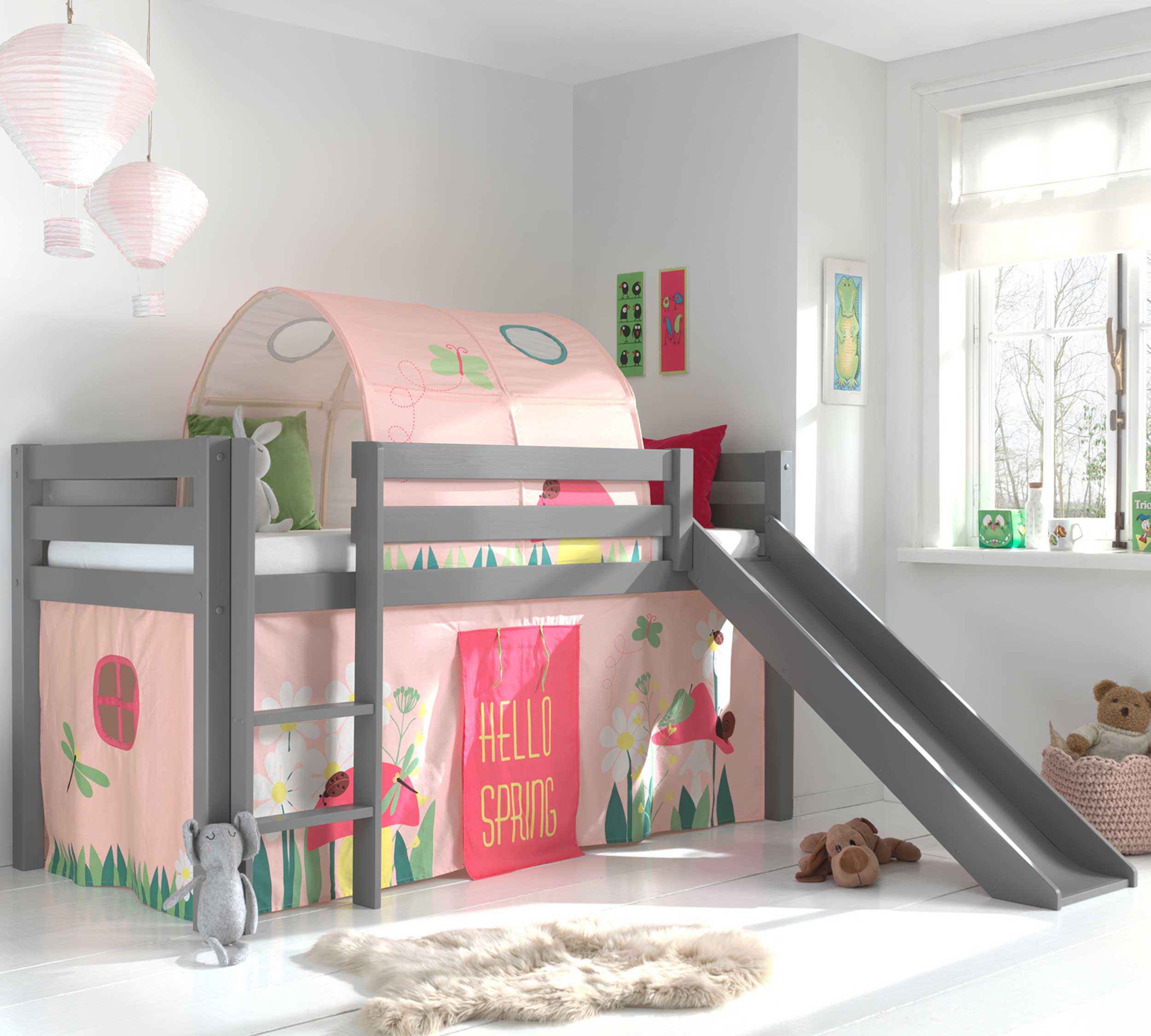 Lit toboggan Astrid avec tente de lit et tunnel de lit Spring - gris