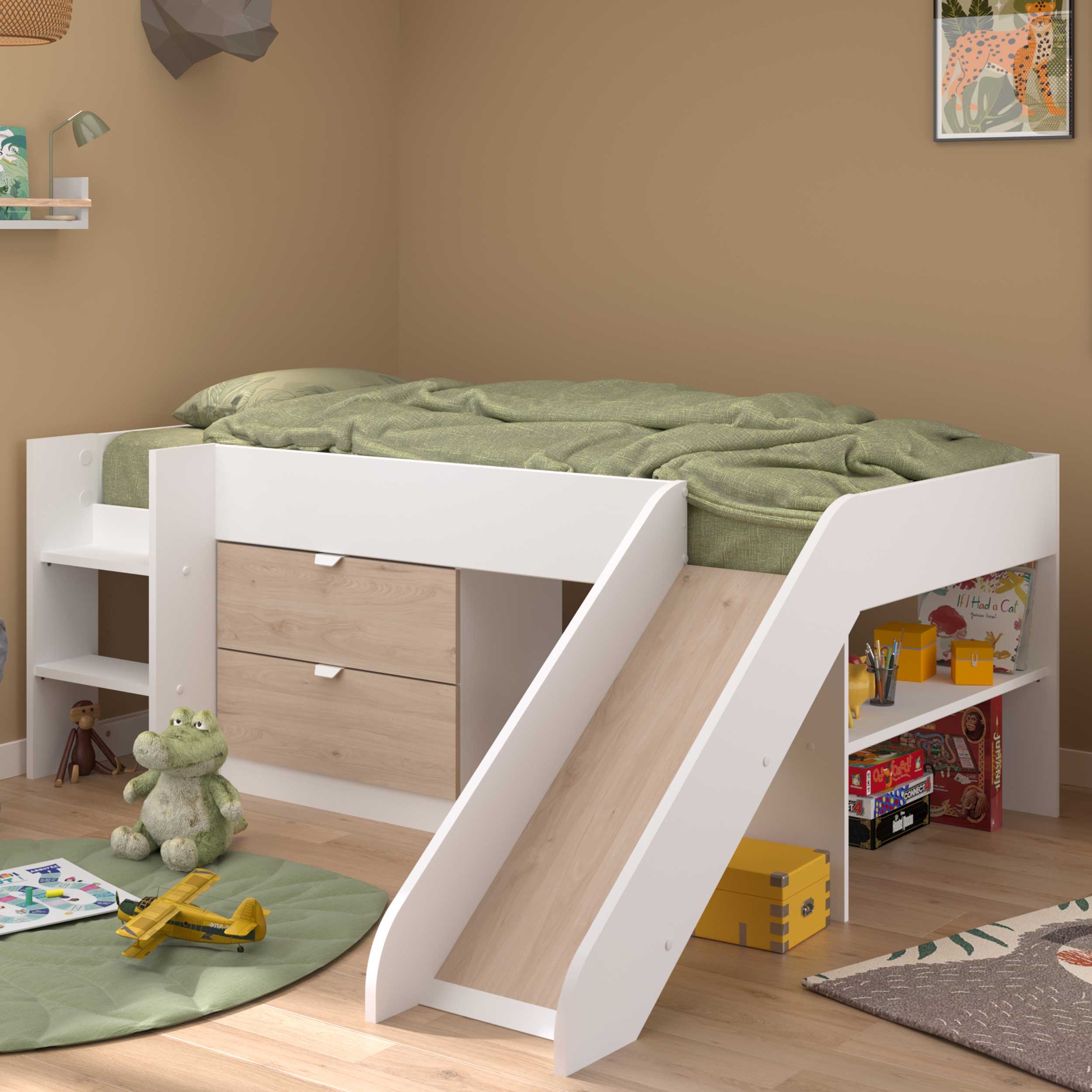 Lit toboggan Tobo 90x200 - chêne/blanc - Image 1