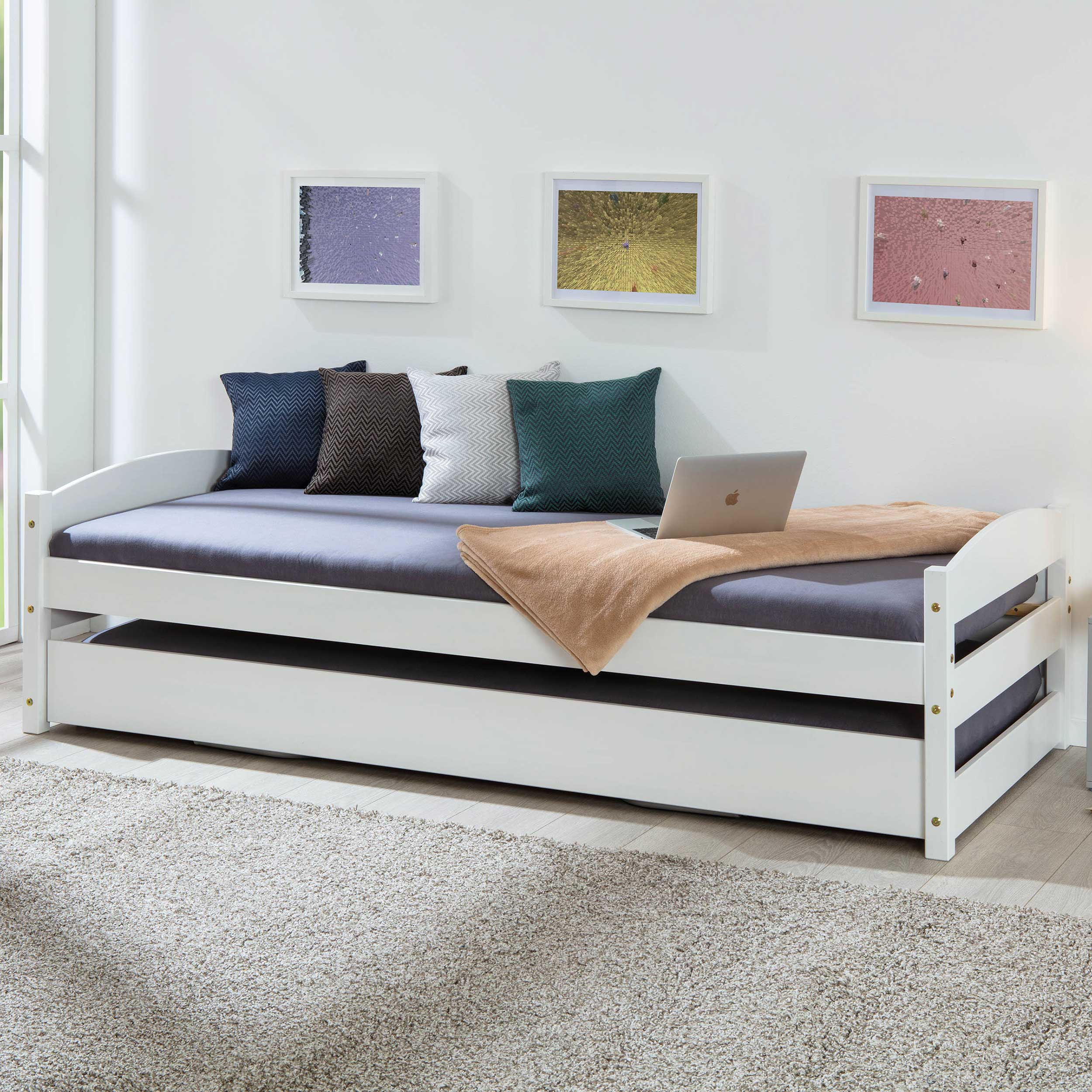 Lit Vindas 90x200 avec lit d'appoint réglable en hauteur - blanc