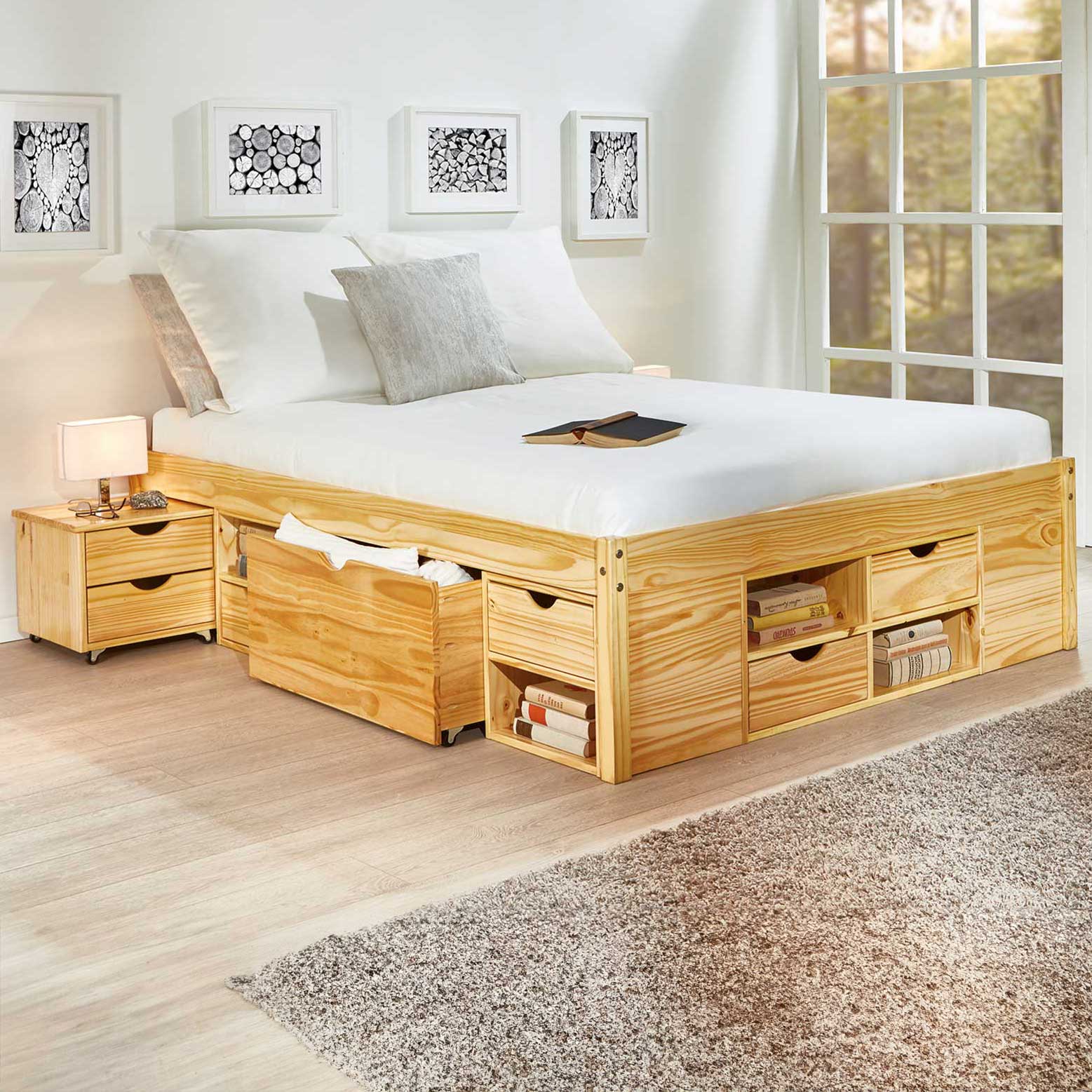 Lit Xavier 160x200cm avec rangement - bois pin