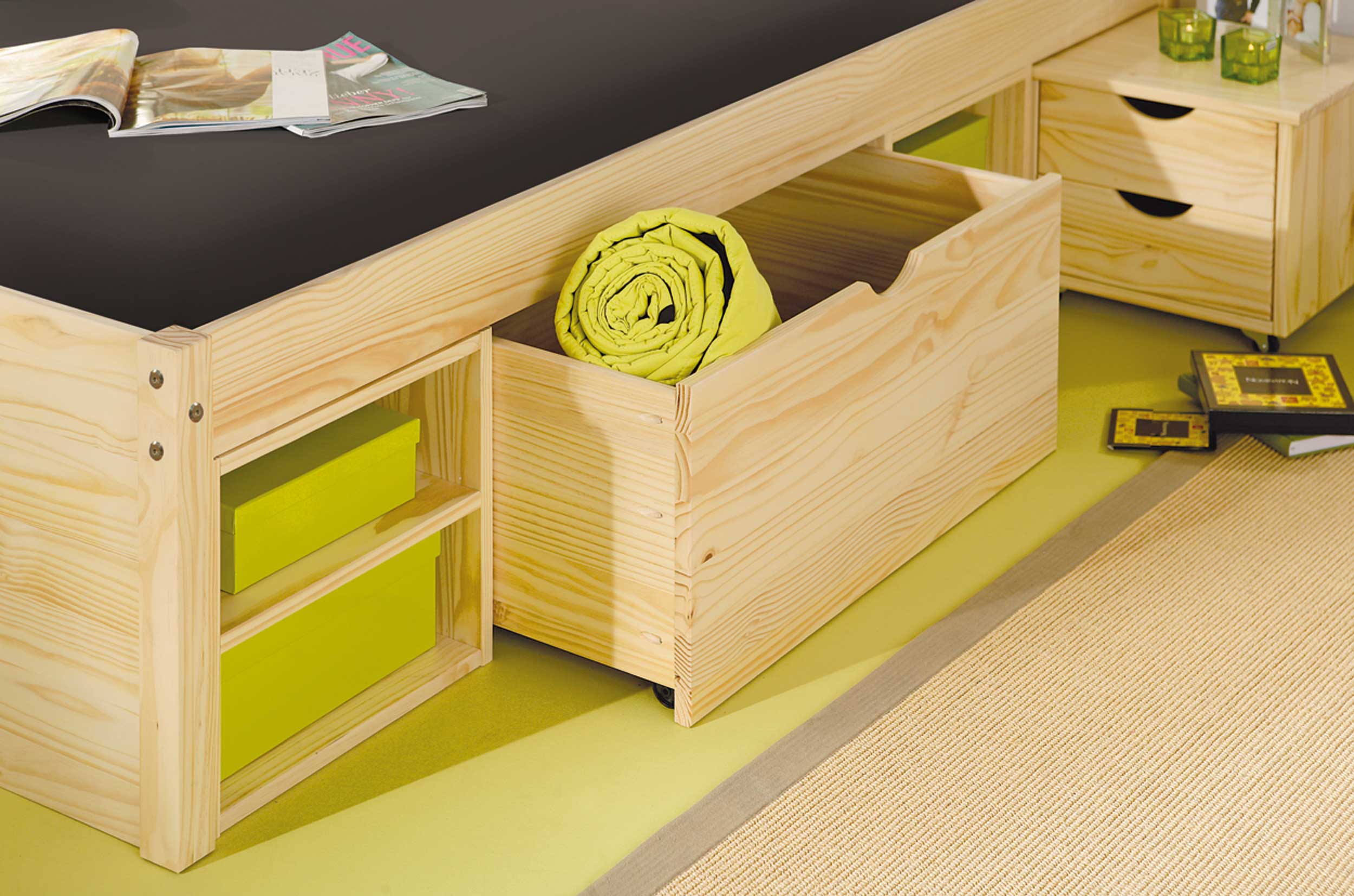 Lit Xavier 180x200cm avec rangement - bois pin - Image 2