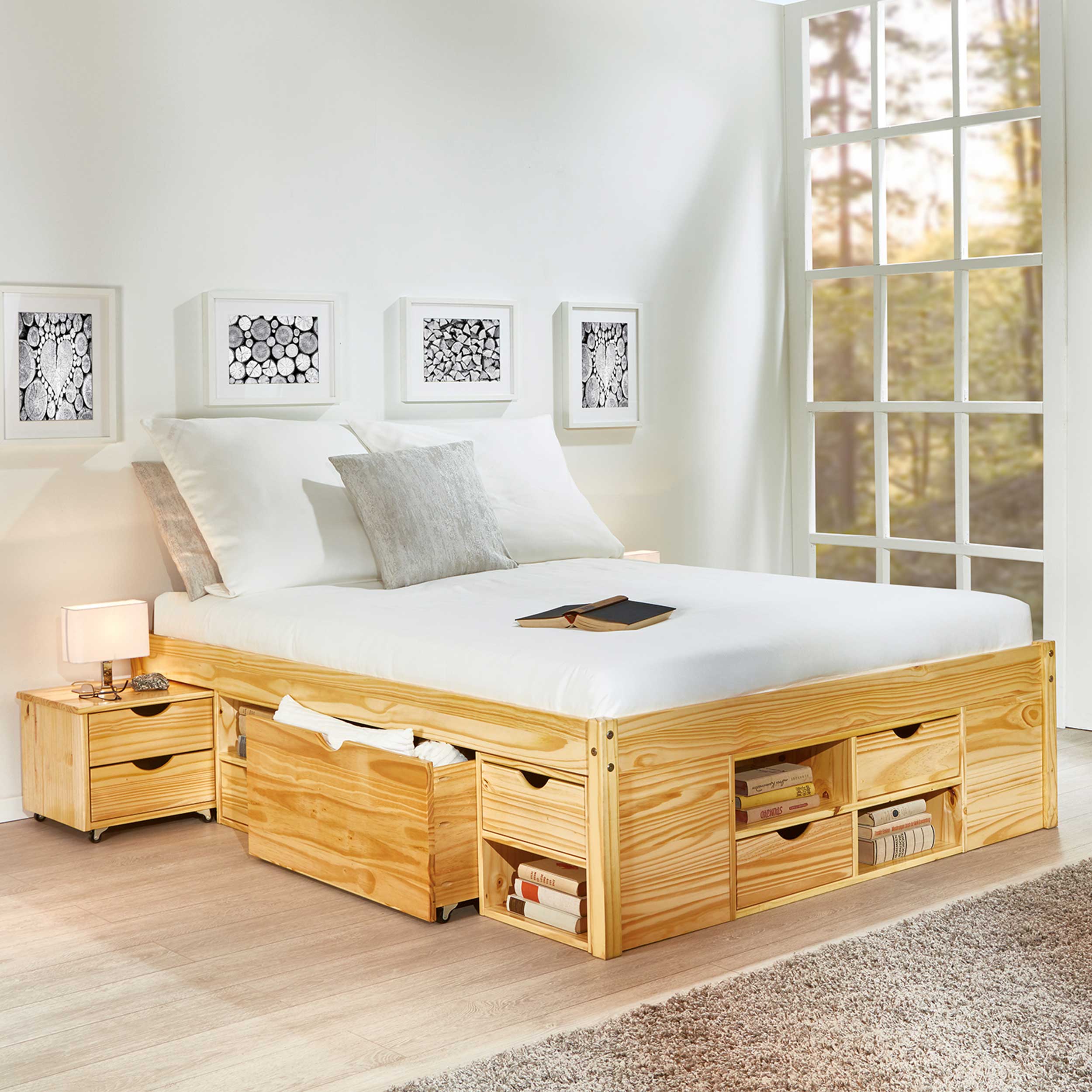 Lit Xavier 180x200cm avec rangement - bois pin