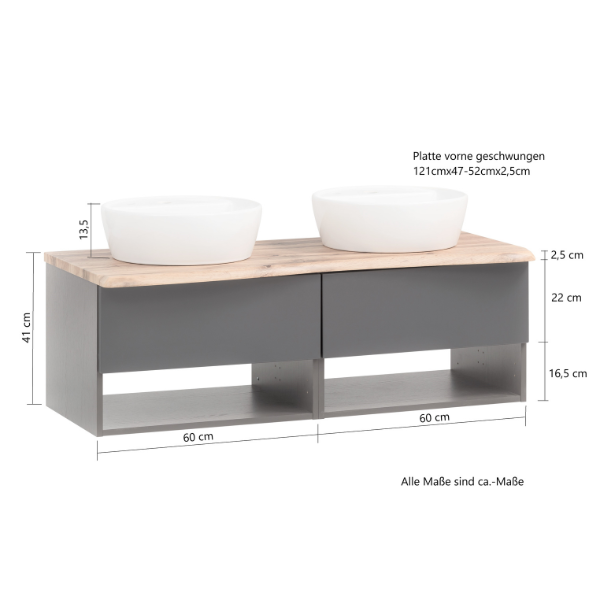 Meuble lavabo Karan 121cm avec deux bassins et 2 tiroirs - anthracite/chêne - Image 7