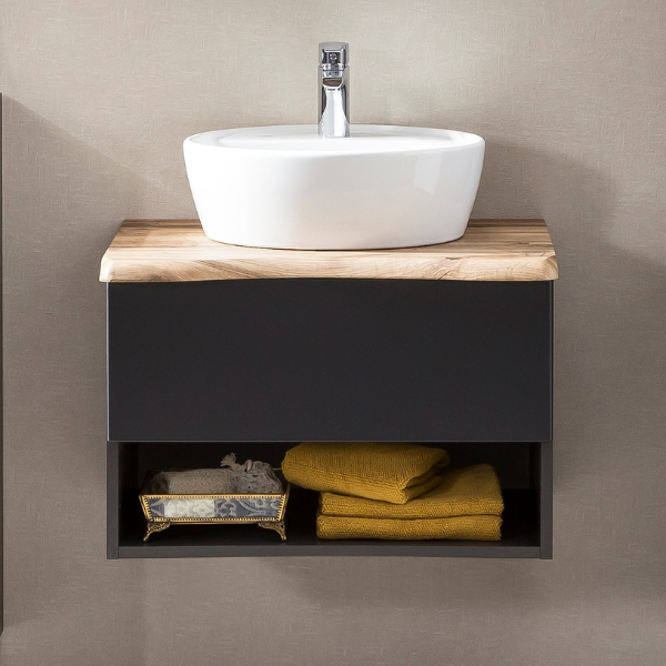 Meuble lavabo Karan 61cm avec lavabo et 1 tiroir - anthracite/chêne