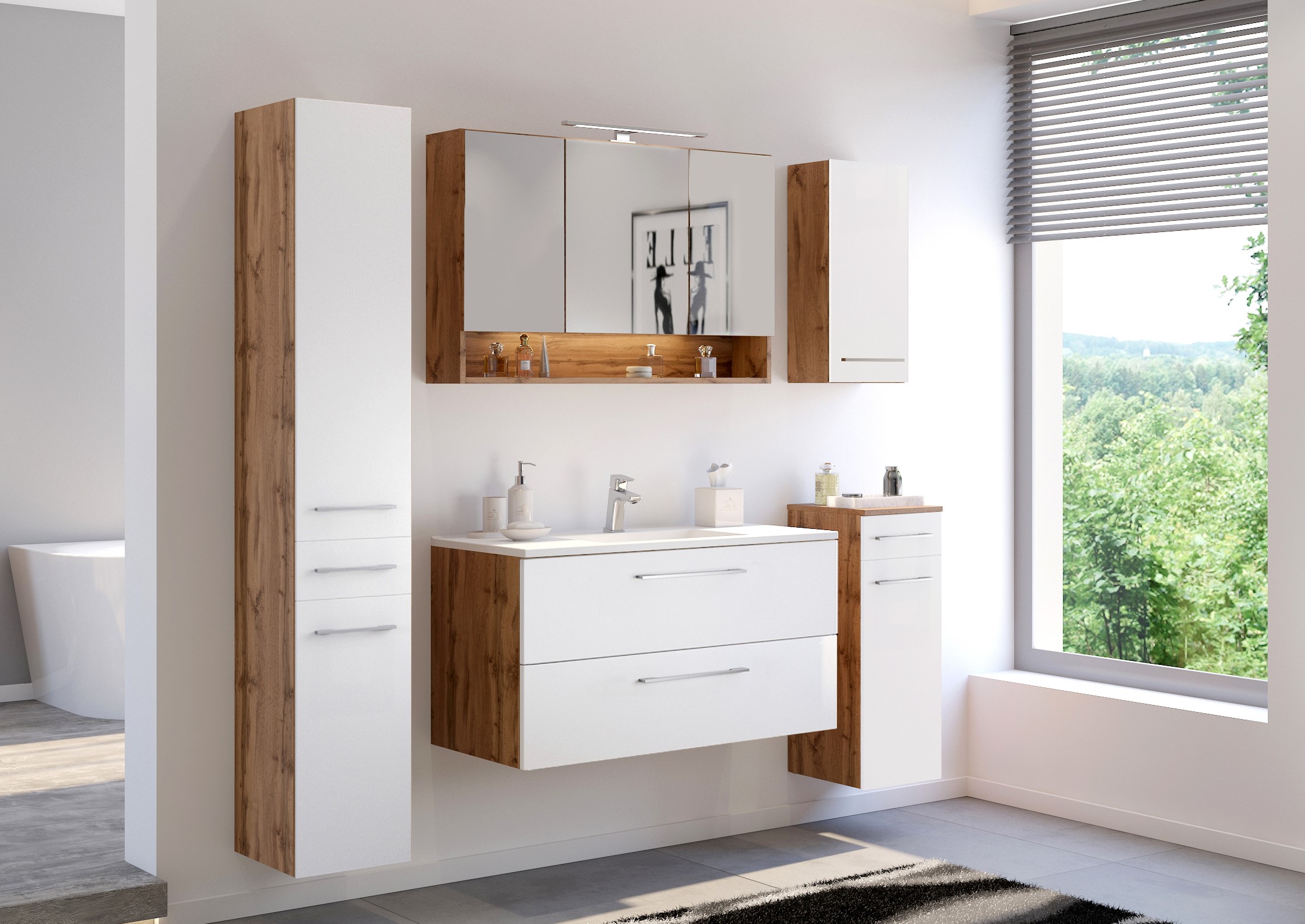 Meuble lavabo Sefa 100cm 2 tiroirs - chêne/blanc - Image 5