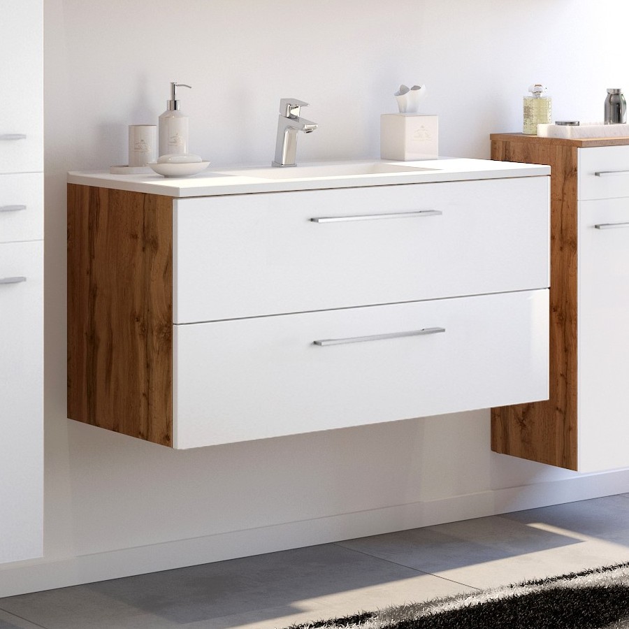 Meuble lavabo Sefa 100cm 2 tiroirs - chêne/blanc