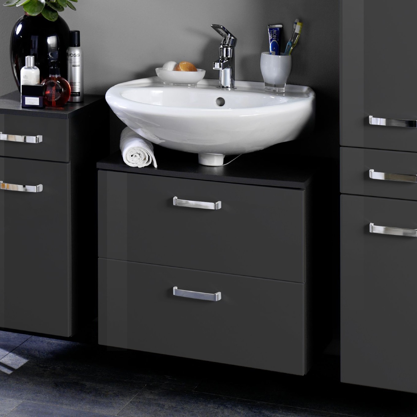 Meuble sous lavabo Bobbi 60cm 1 porte et 1 tiroir - graphite/gris brillant - Image 1