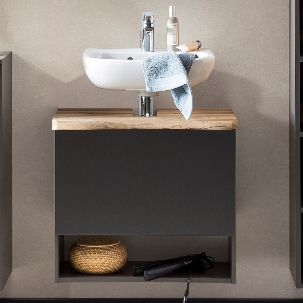 Meuble sous lavabo Karan 61cm 1 tiroir - anthracite/chêne