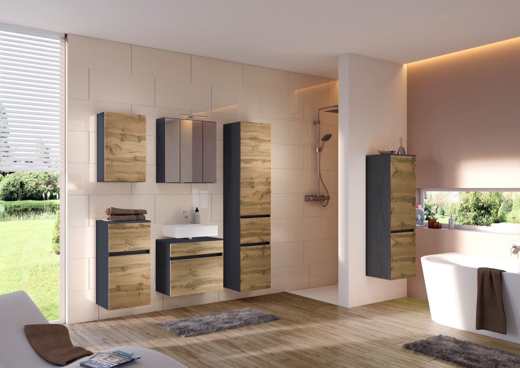 Meuble sous lavabo Luna 60cm 1 tiroir - graphite/chêne - Image 3