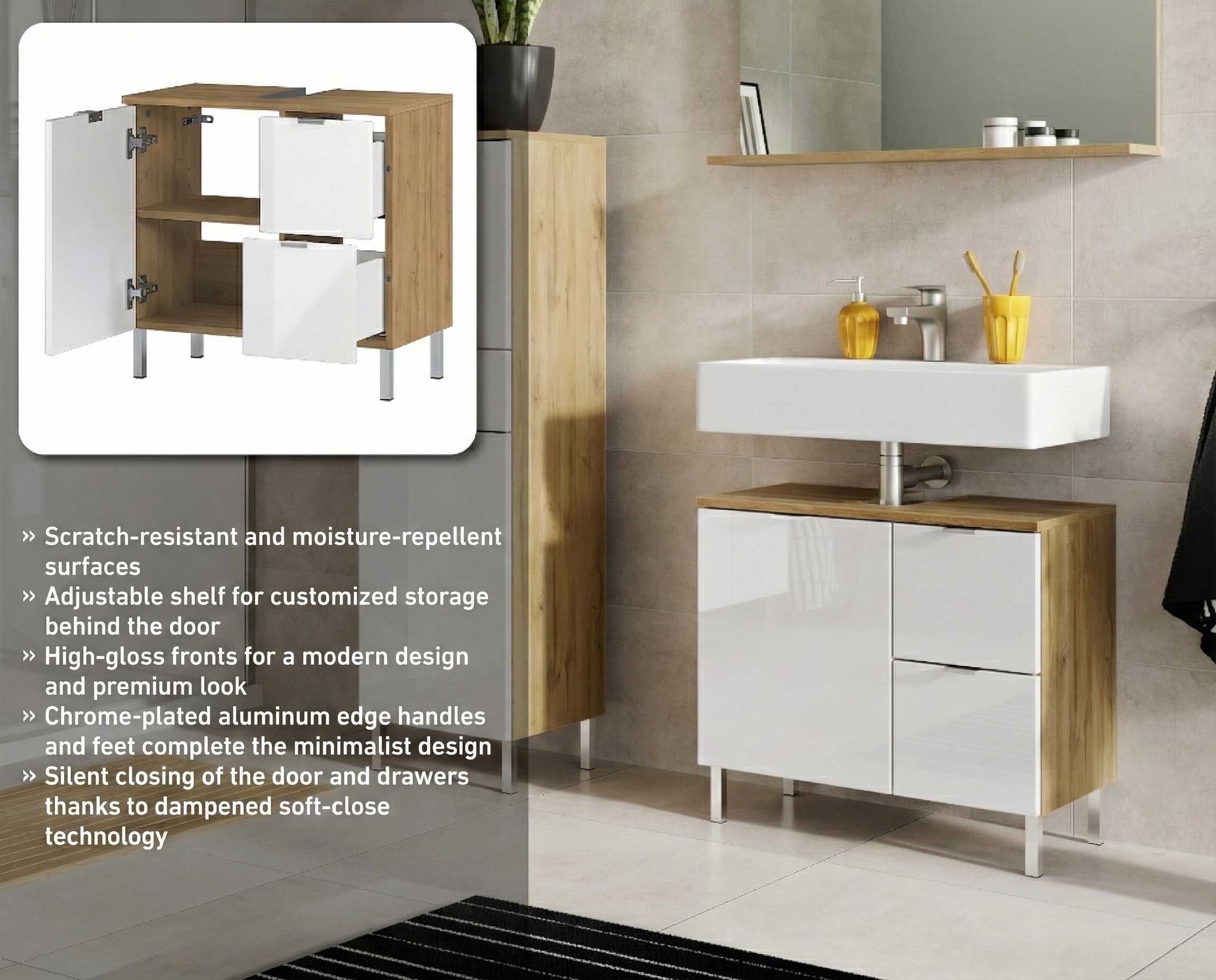 Meuble sous lavabo Mauro 60cm avec porte & 2 tiroirs - chêne/blanc - Image 3