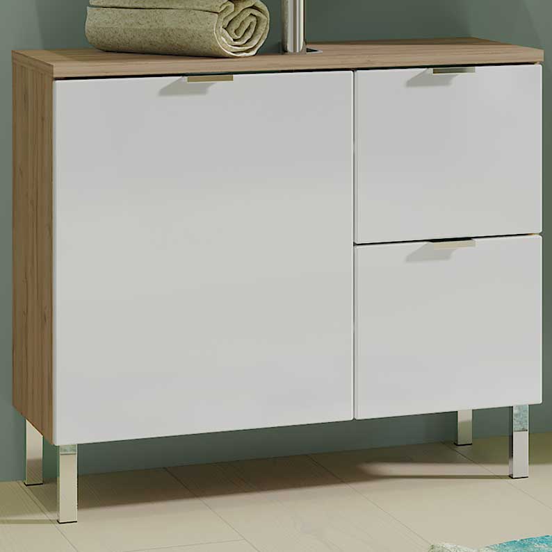 Meuble sous lavabo Mauro 60cm avec porte & 2 tiroirs - chêne/blanc - Image 1