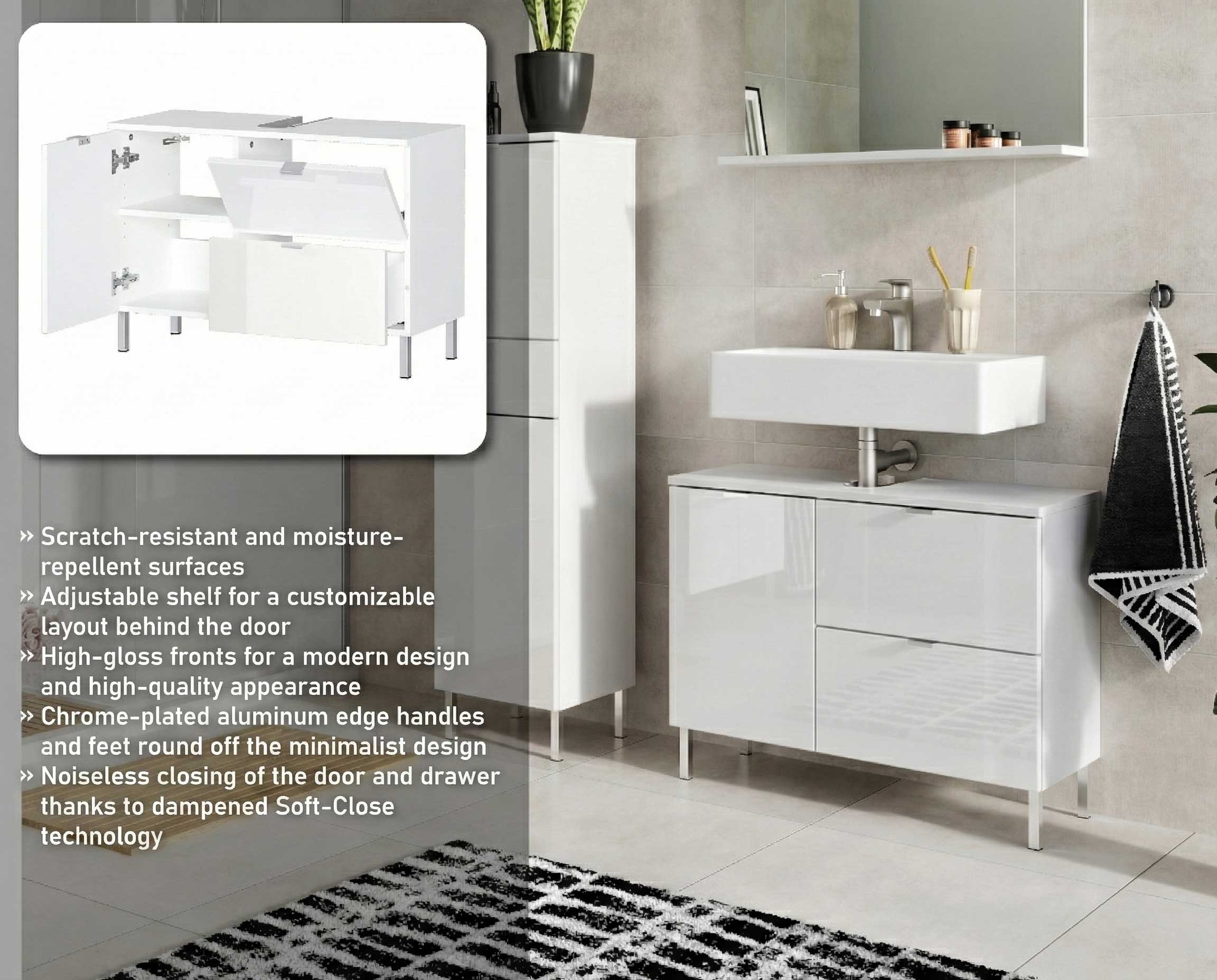 Meuble sous lavabo Mauro 80cm avec 2 portes & tiroir - blanc brillant - Image 2