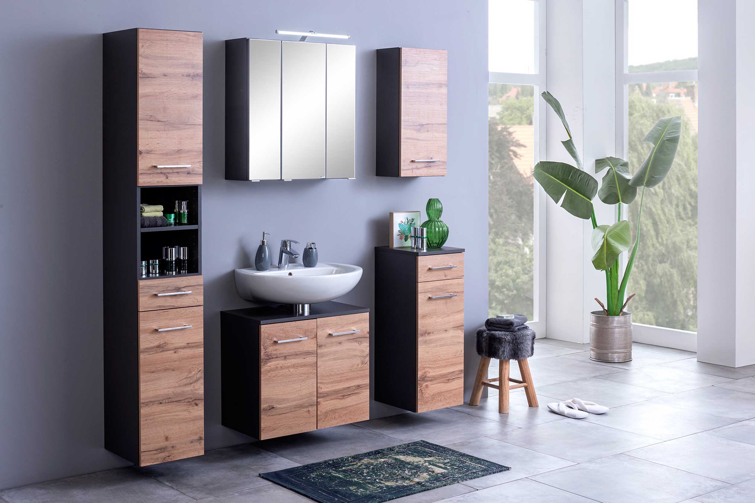 Meuble sous lavabo Pares 60cm 2 tiroirs - graphite/chêne wotan - Image 9