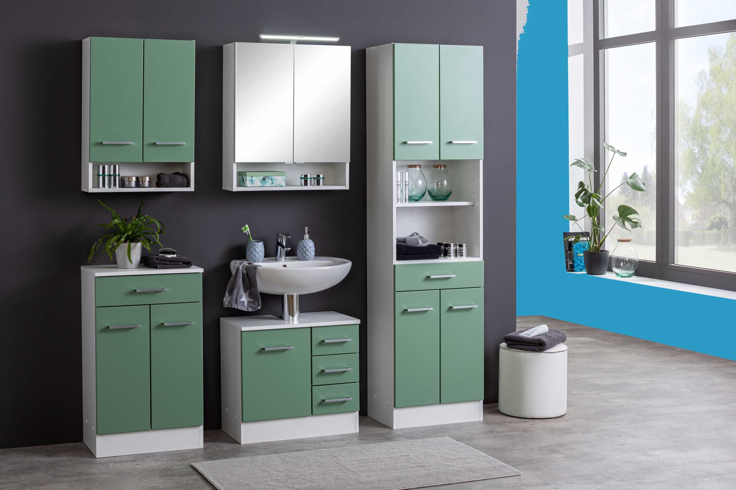 Meuble sous lavabo Ricca 60cm 1 porte & 3 tiroirs - blanc/vert - Image 10