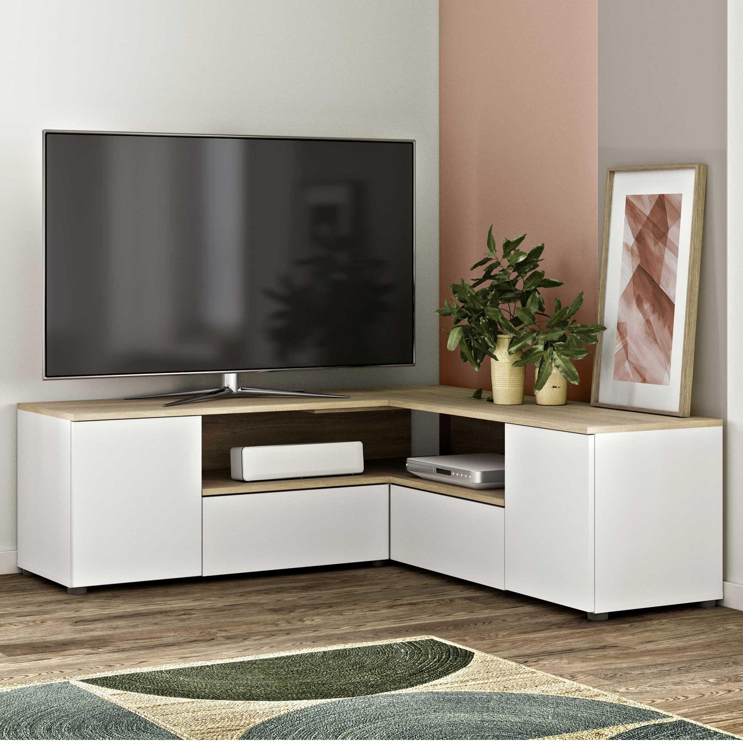 Meuble TV Cleo 130cm - blanc/chêne - Image 1