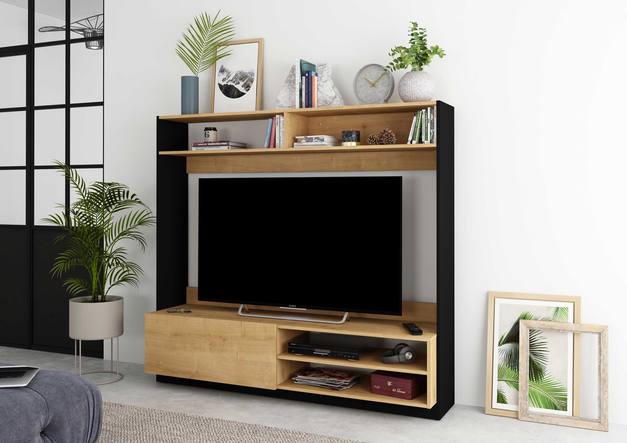 Meuble TV Daphne 163cm avec porte pliante - chêne/noir - Image 8