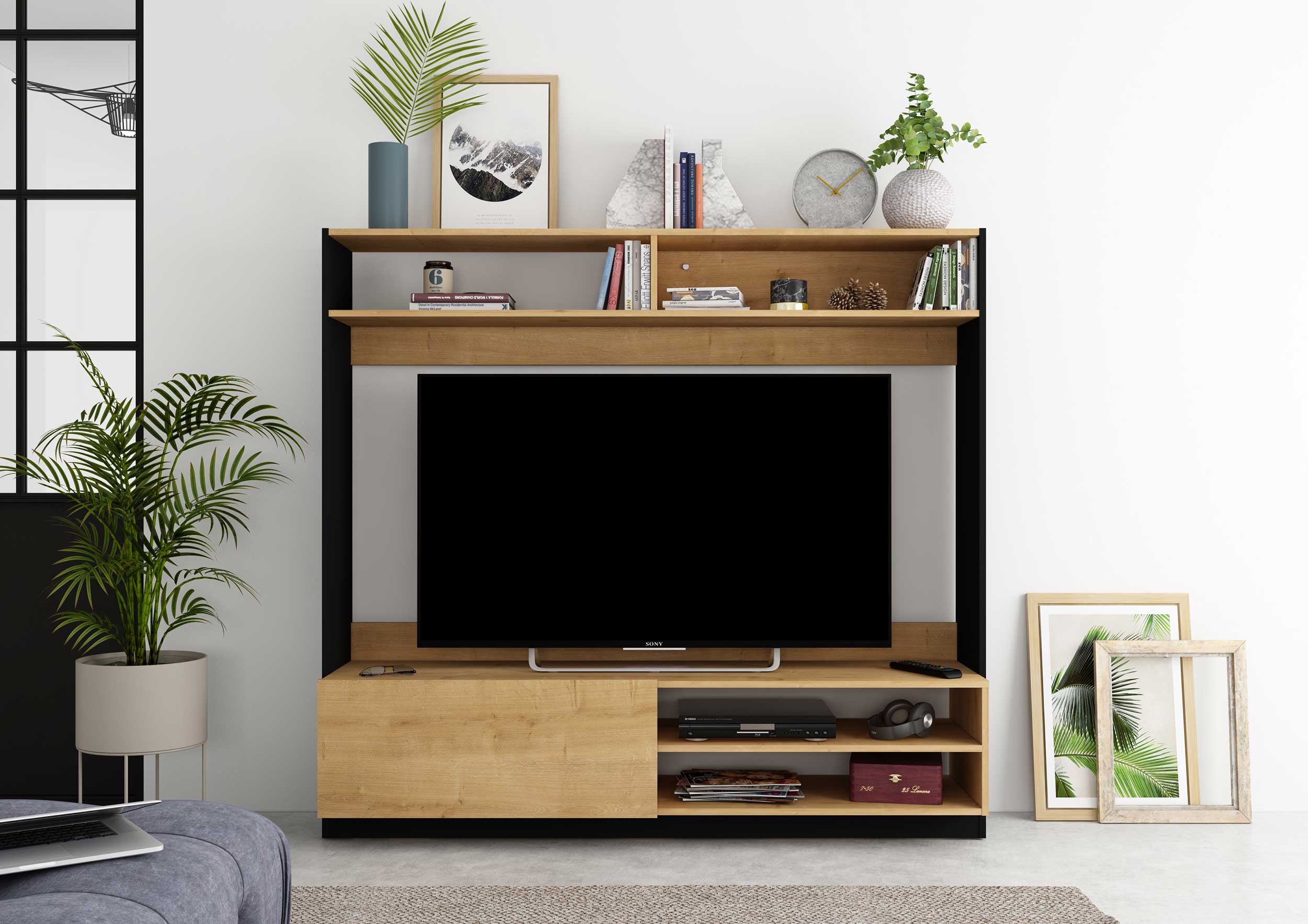 Meuble TV Daphne 163cm avec porte pliante - chêne/noir - Image 9