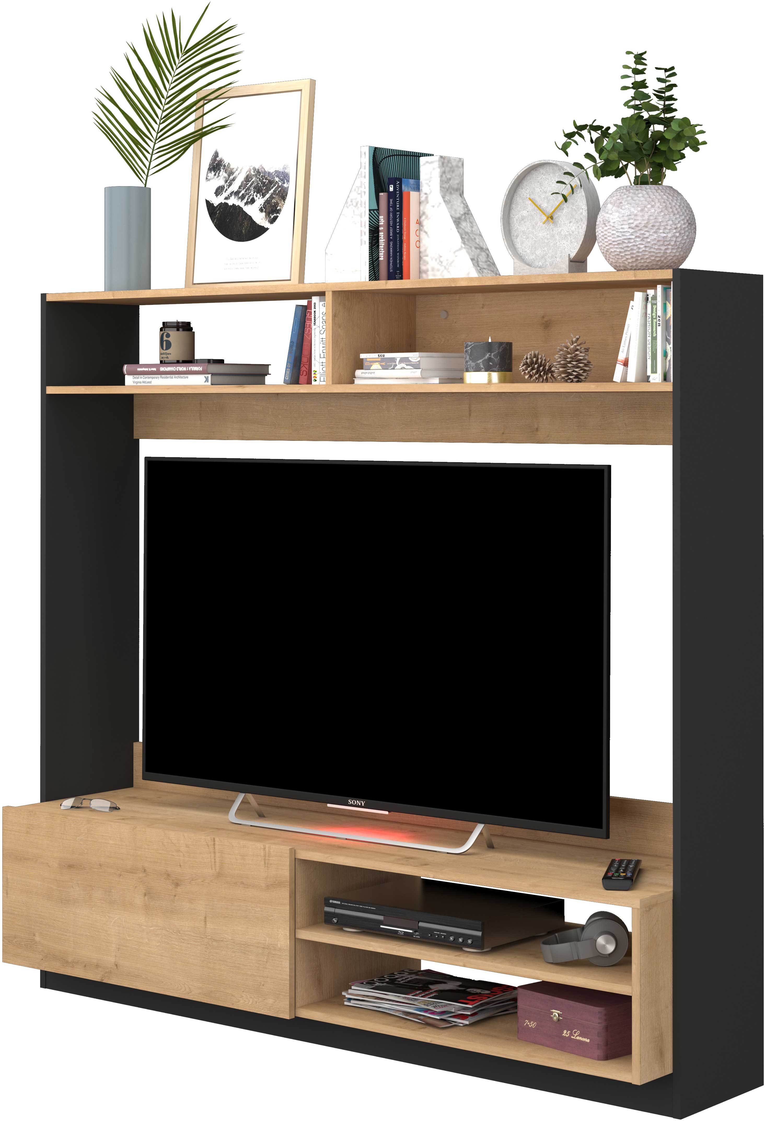 Meuble TV Daphne 163cm avec porte pliante - chêne/noir - Image 10