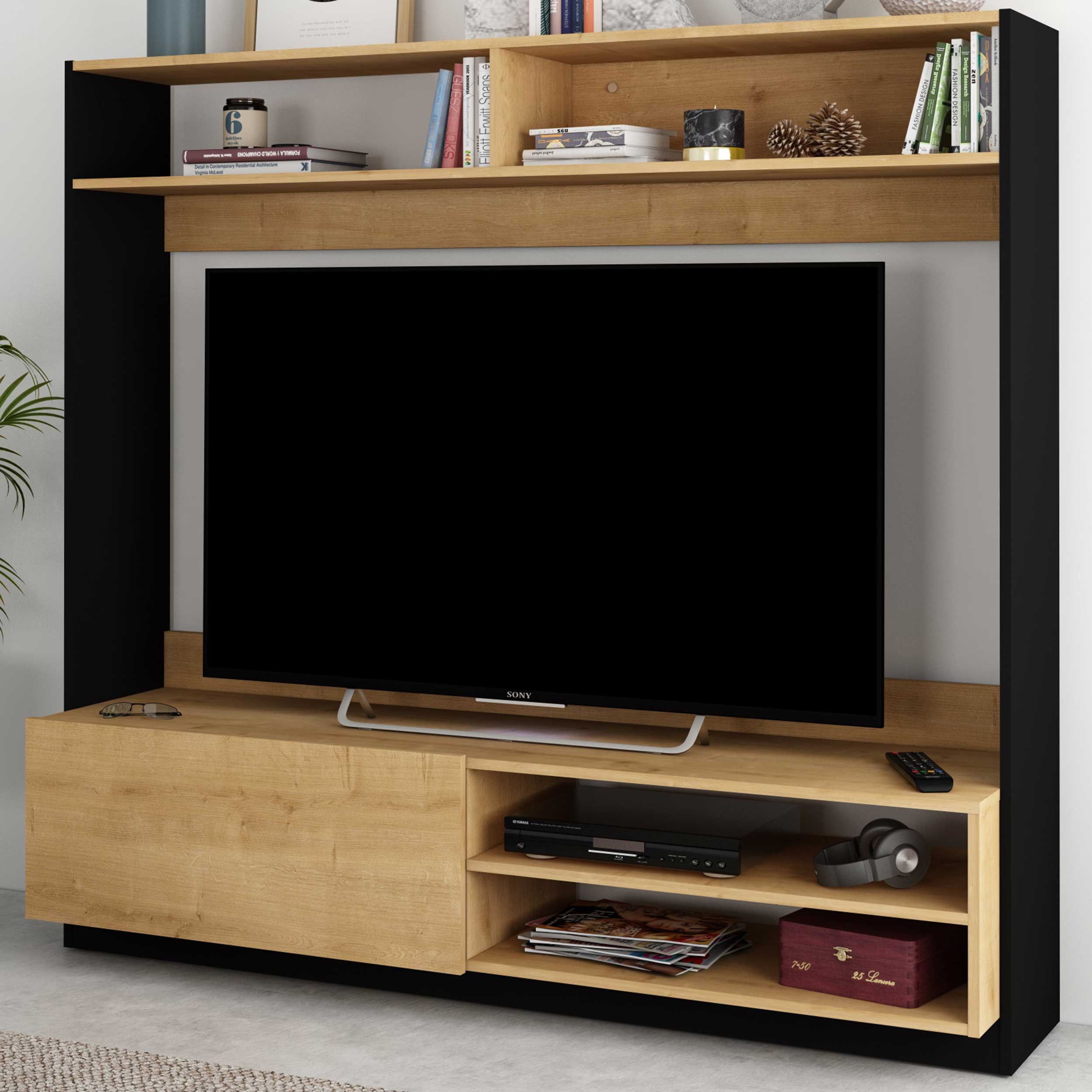 Meuble TV Daphne 163cm avec porte pliante - chêne/noir - Image 1