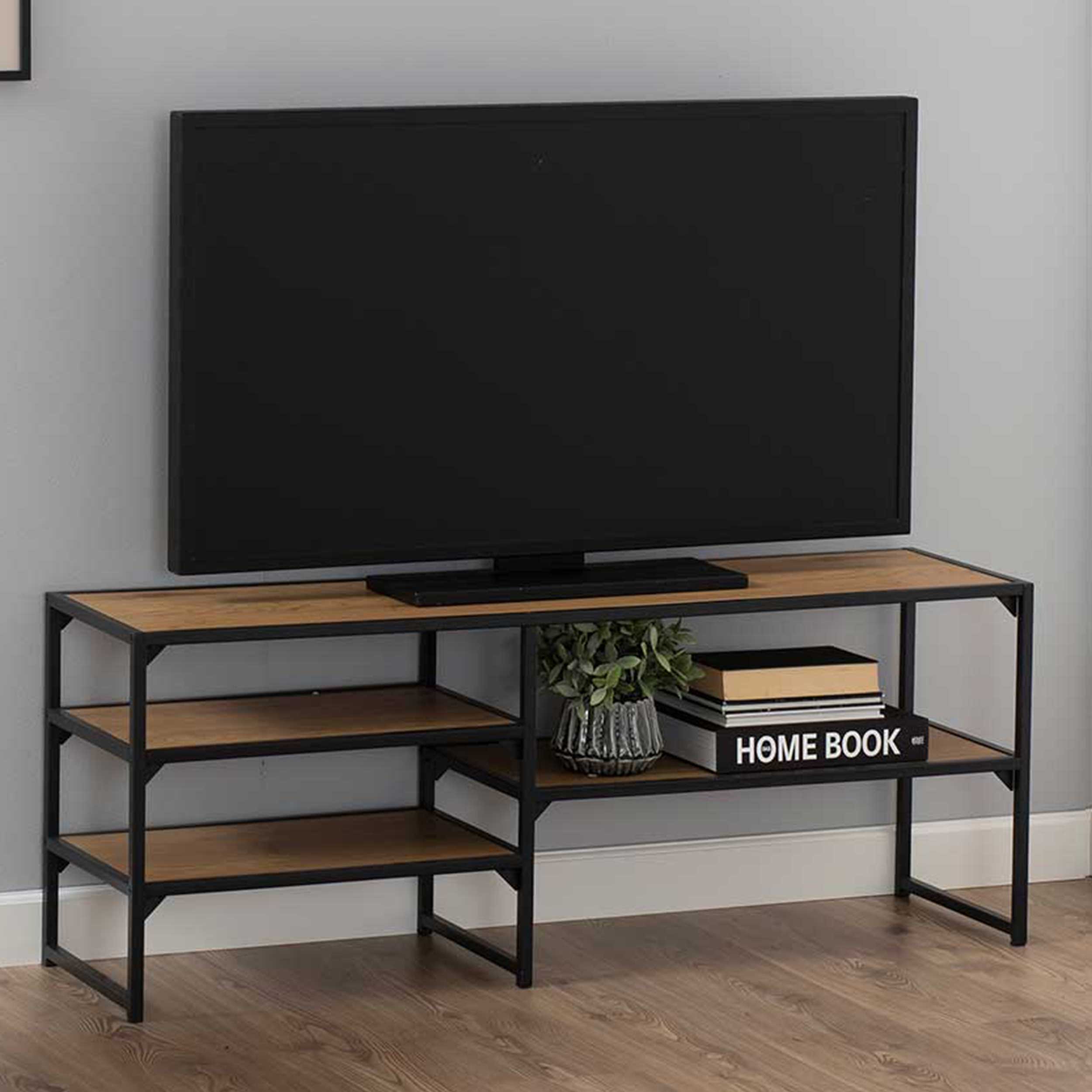 Meuble TV Dover 120cm 3 tablettes industriel - noir/chêne sauvage