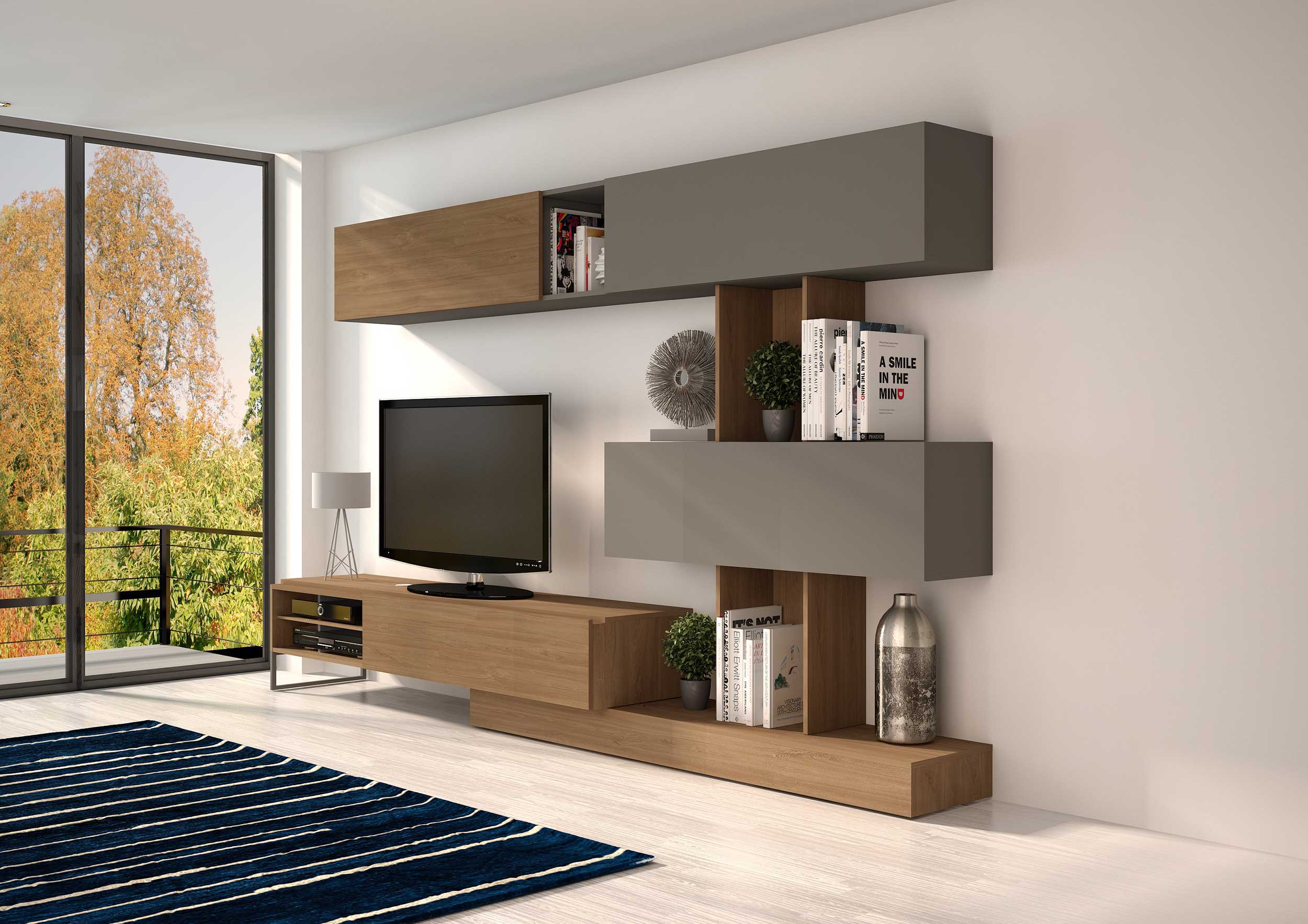 Meuble TV Judith 270cm 4 portes - gris/ décor en chêne - Image 2