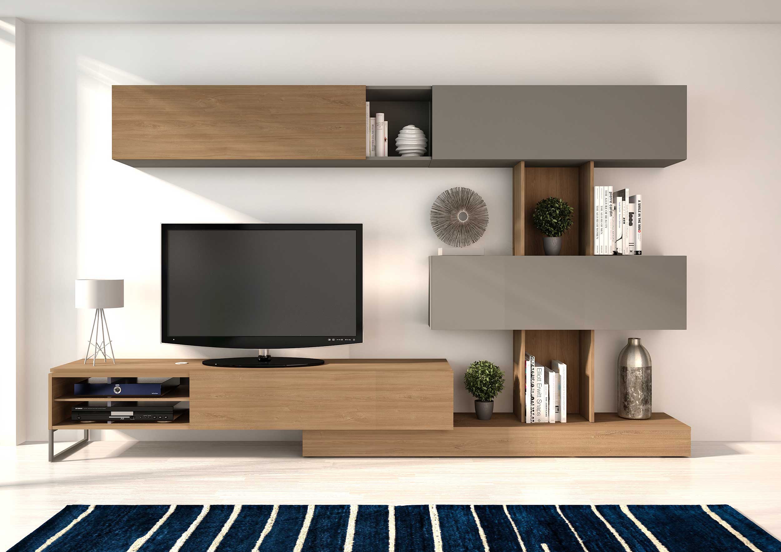 Meuble TV Judith 270cm 4 portes - gris/ décor en chêne - Image 4