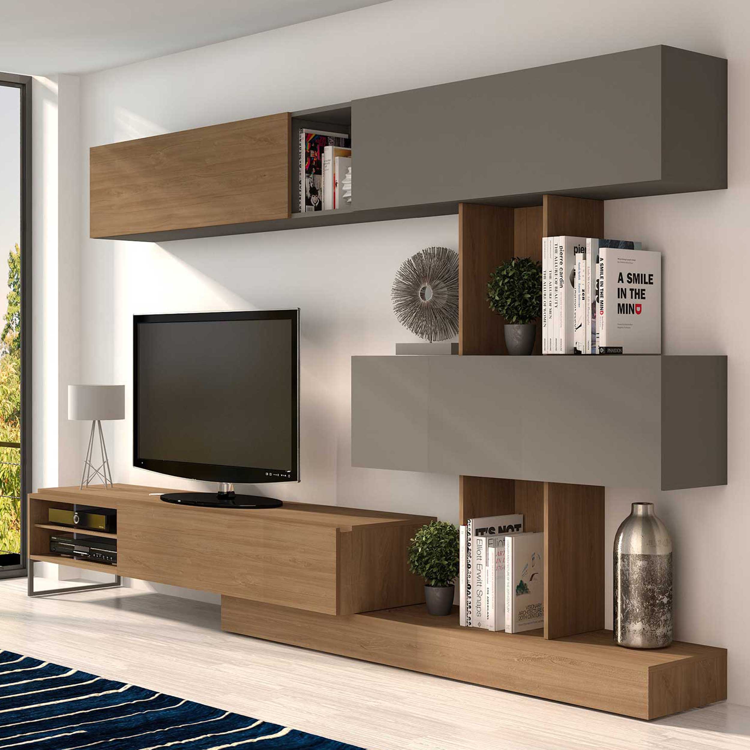 Meuble TV Judith 270cm 4 portes - gris/ décor en chêne