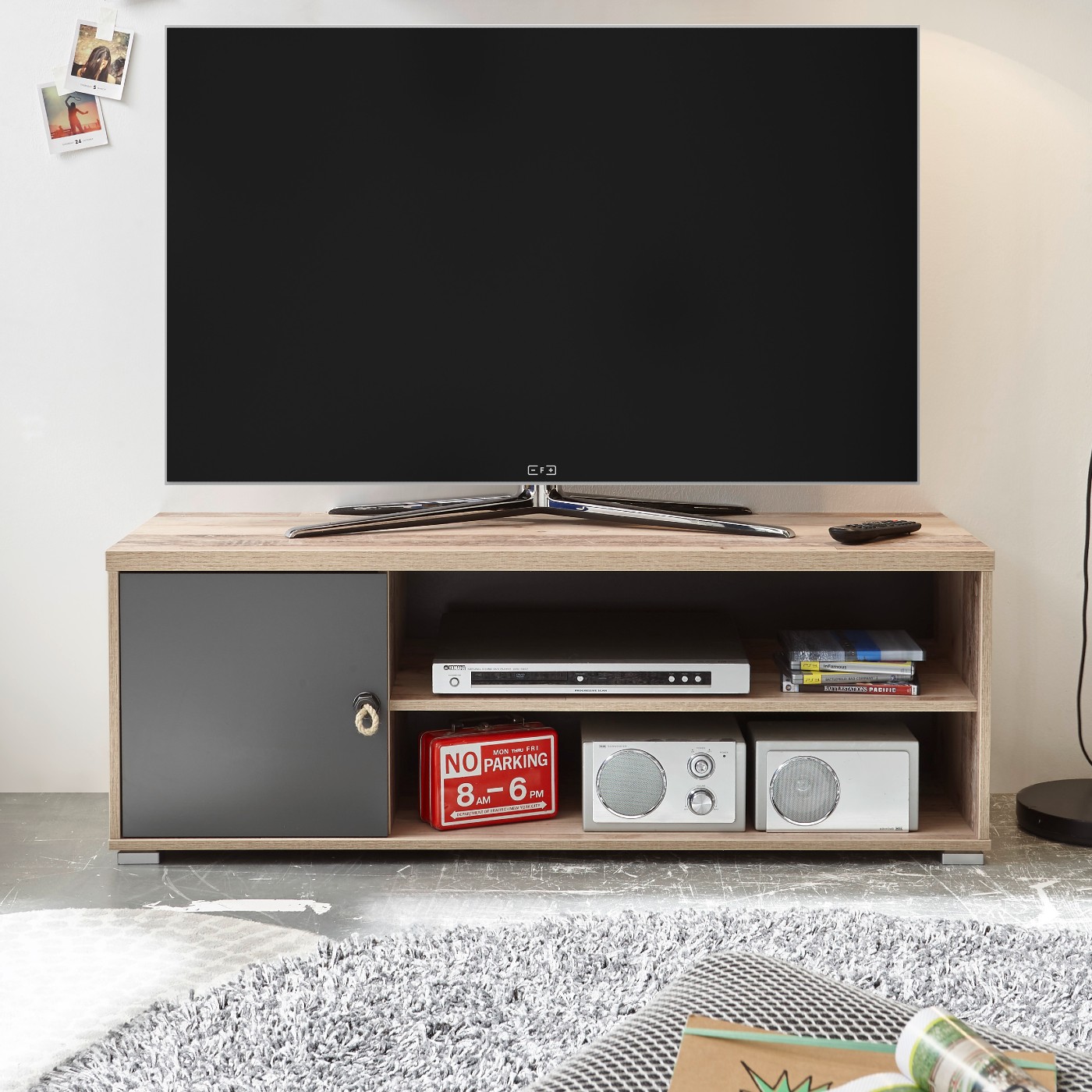 Meuble tv Moleskin 120cm avec 1 porte - anthracite/ancien style - Image 1