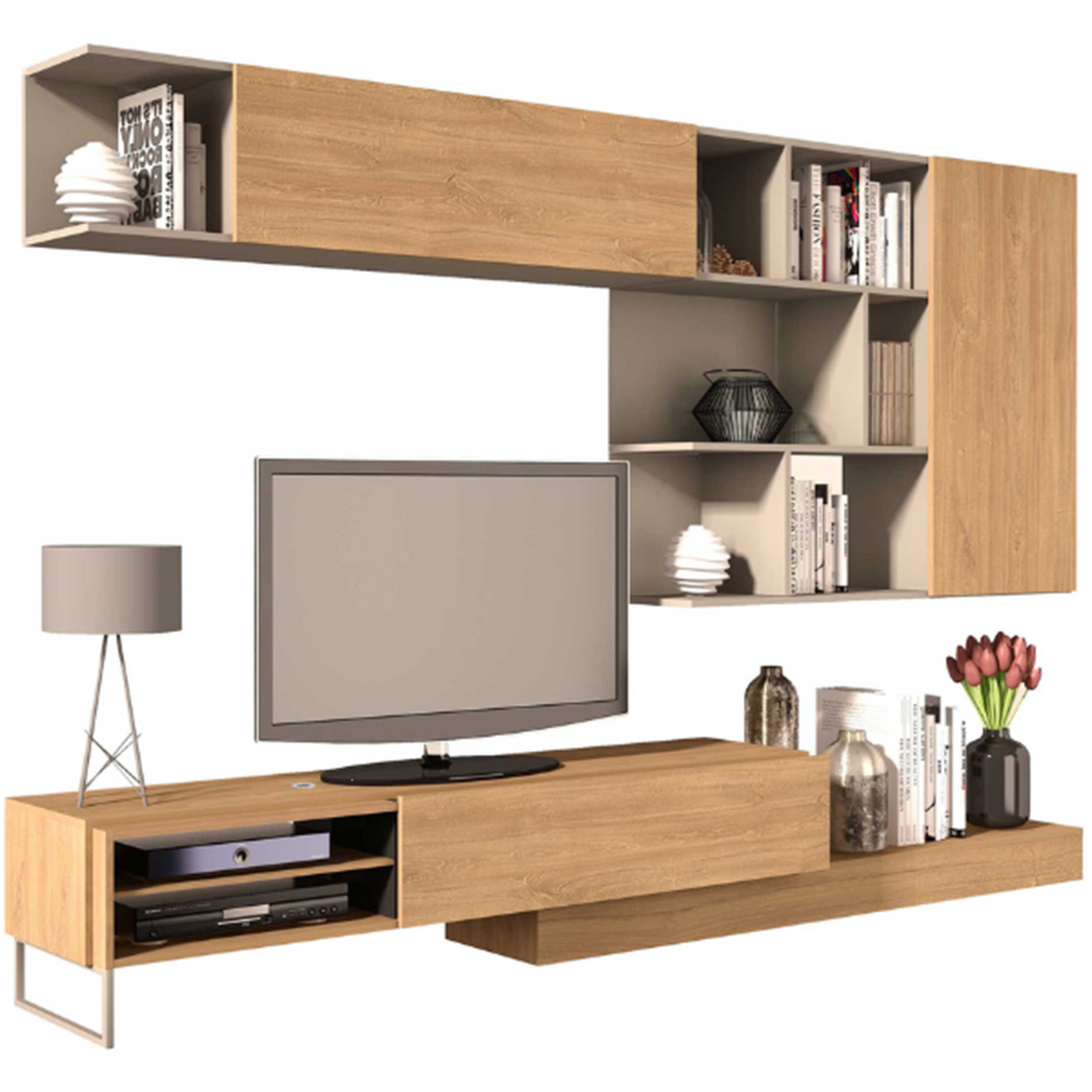Meuble TV Pim 272cm 3 portes - gris/ décor en chêne - Image 7