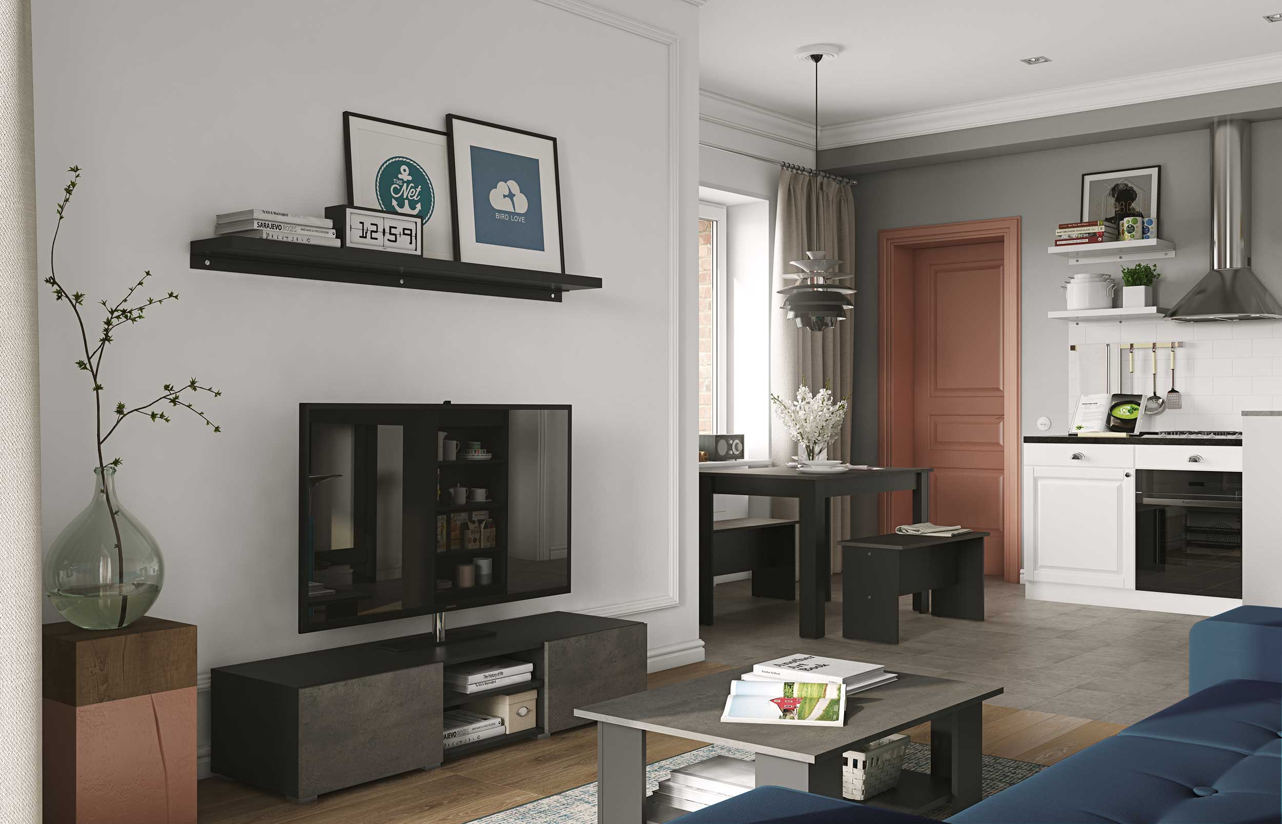 Meuble TV Podium 140 cm - noir/béton - Image 10