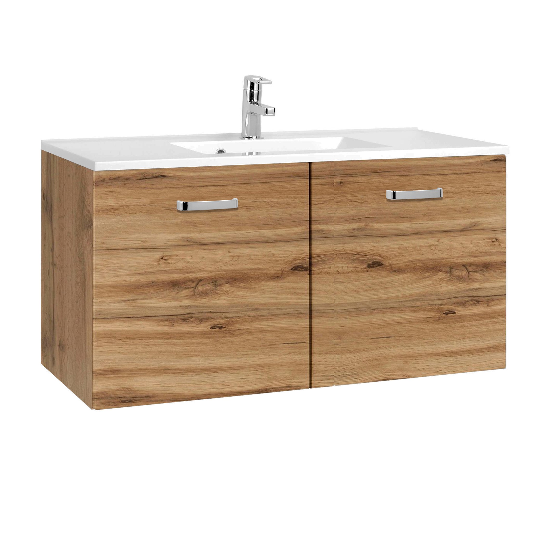 Meuble vasque Bobbi 100cm avec 2 portes et vasque céramique - chêne