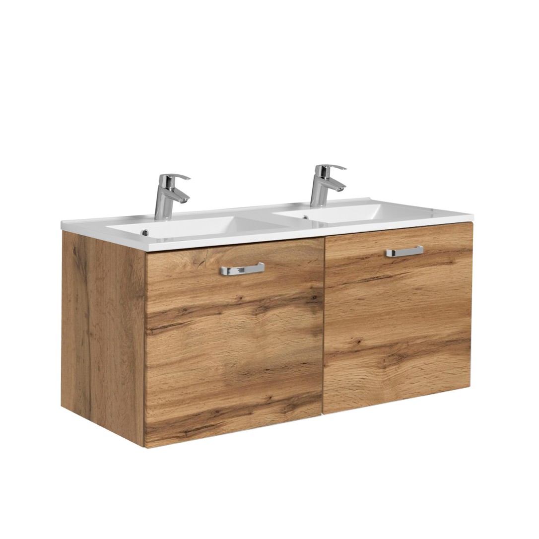 Meuble vasque Bobbi 120cm avec double vasque et 2 tiroirs - chêne