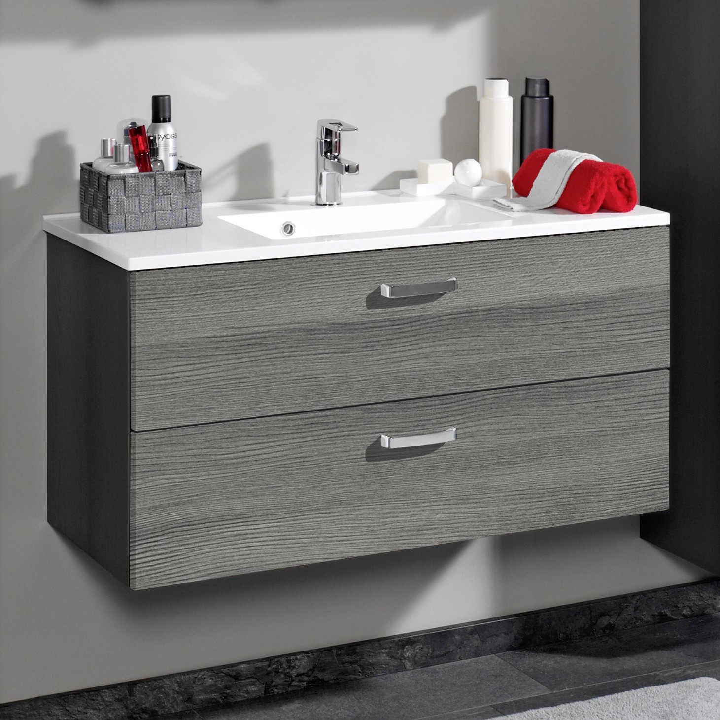 Meuble vasque Bobbi 80cm 2 tiroirs - graphite/chêne gris