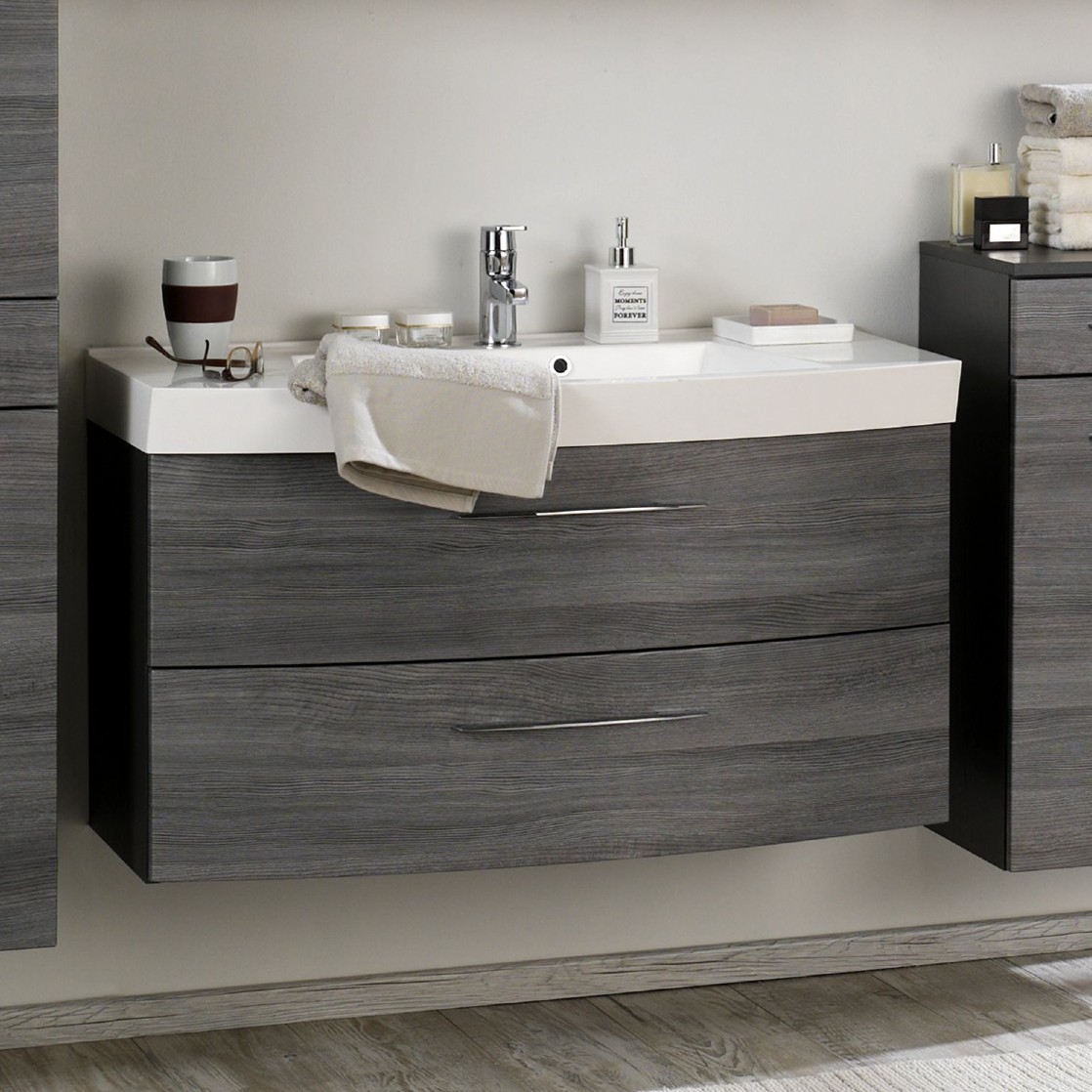 Meuble vasque Florent courbé 100cm 2 tiroirs - graphite/chêne gris