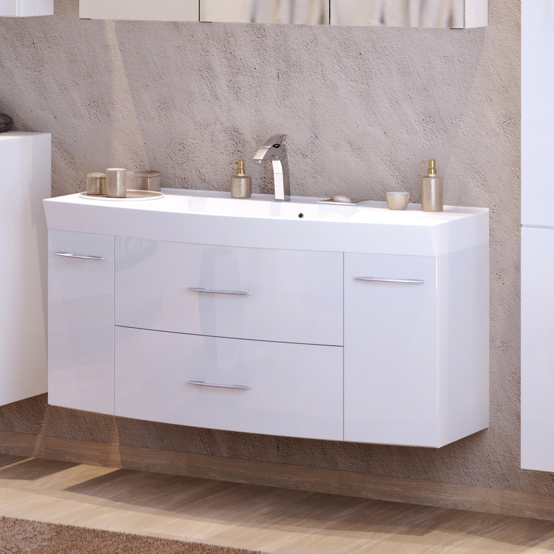 Meuble vasque Florent courbé 120cm 2 tiroirs & 2 portes - blanc