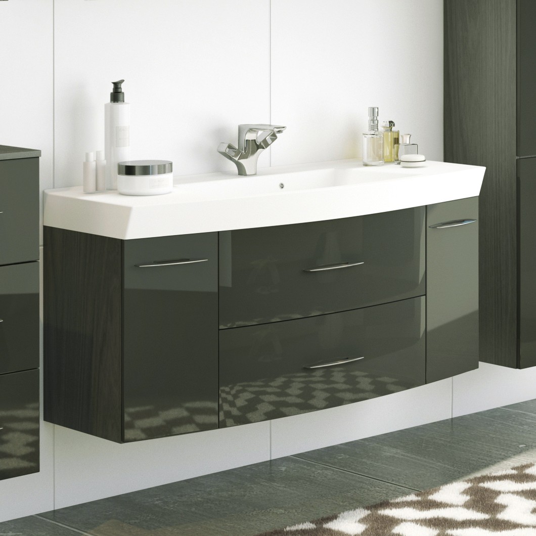 Meuble vasque Florent courbé 120cm 2 tiroirs & 2 portes - graphite/gris brillant