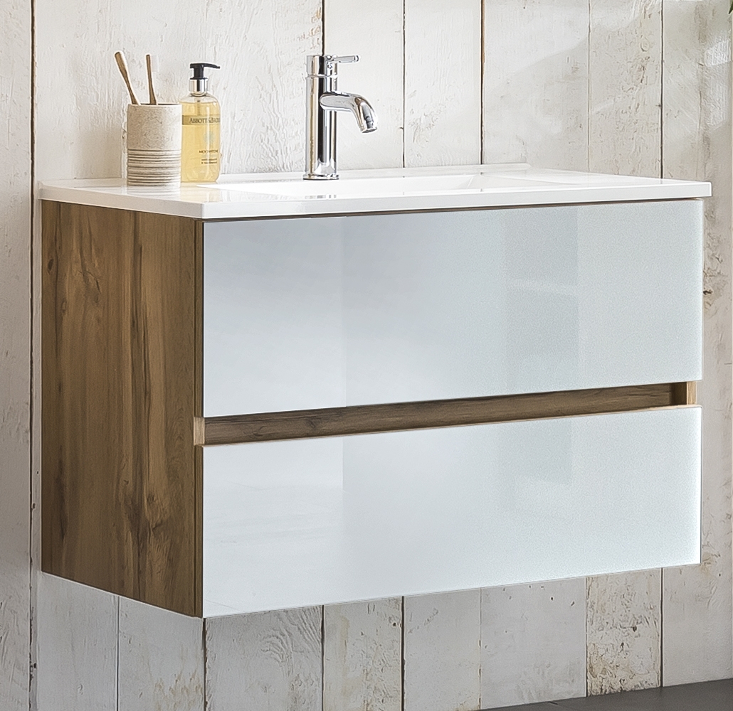 Meuble vasque Helina 80cm avec 2 tiroirs - chêne/blanc - Image 1