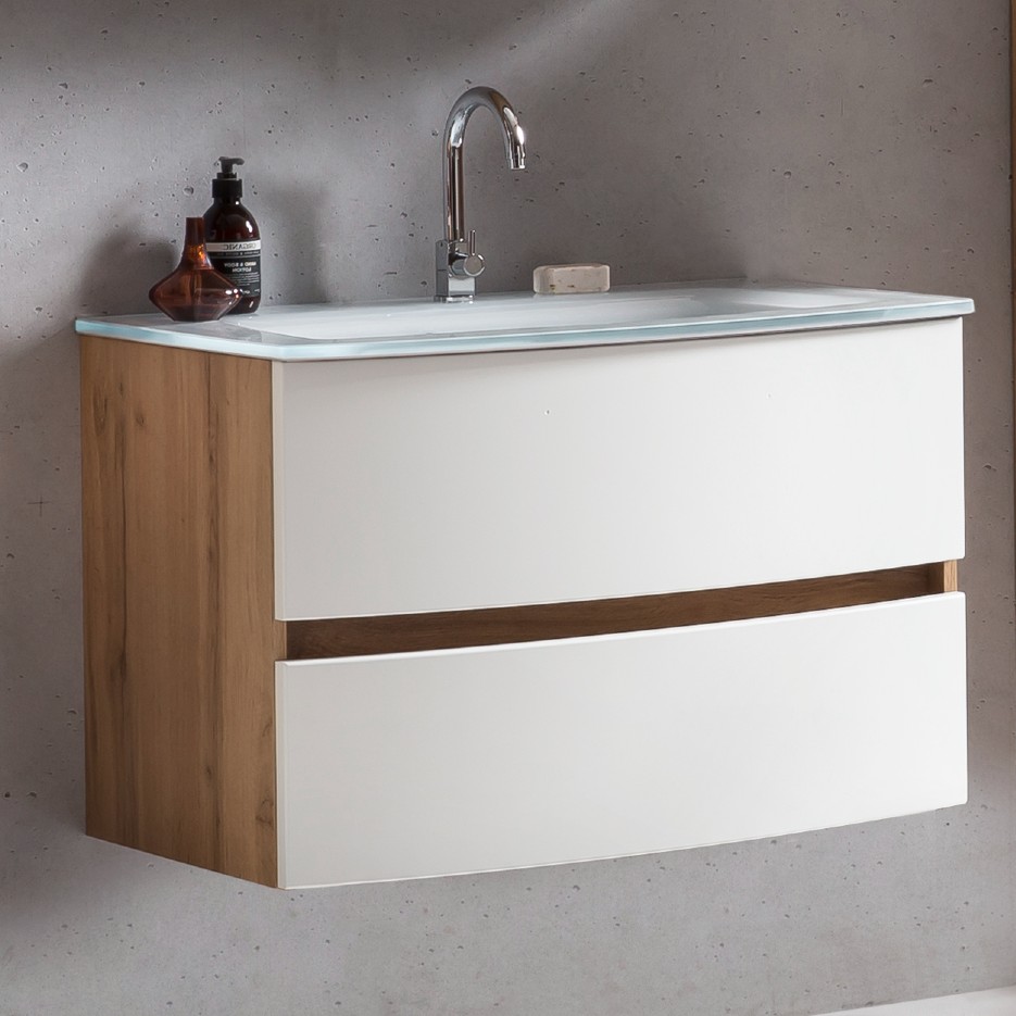 Meuble vasque Kornel 80cm avec vasque blanche - chêne/blanc mat - Image 1