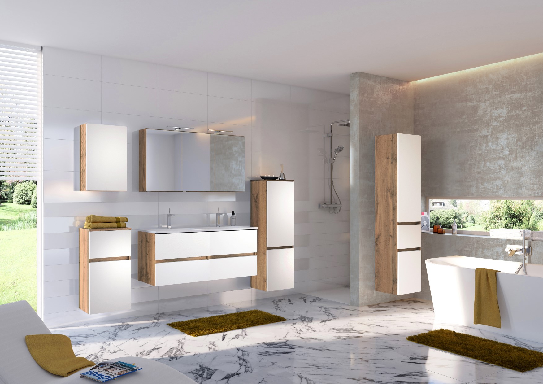 Meuble vasque Luna 120cm avec double vasque et 4 tiroirs - chêne/blanc - Image 4