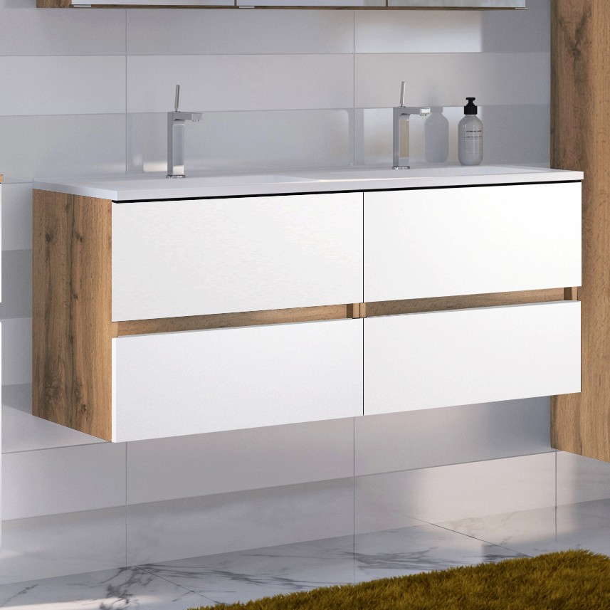 Meuble vasque Luna 120cm avec double vasque et 4 tiroirs - chêne/blanc - Image 1