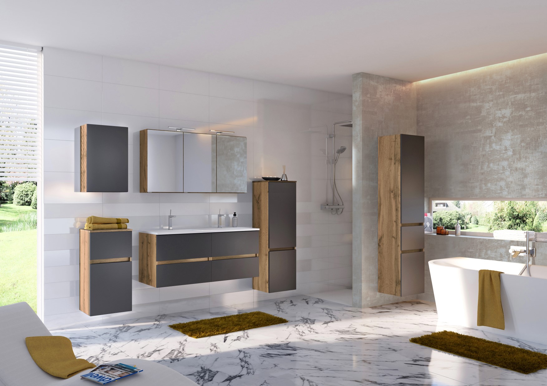 Meuble vasque Luna 120cm avec double vasque et 4 tiroirs - chêne/gris - Image 4