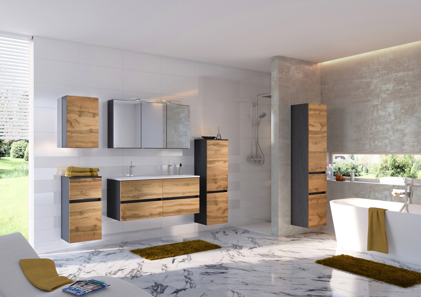 Meuble vasque Luna 120cm avec double vasque et 4 tiroirs - graphite/chêne - Image 4