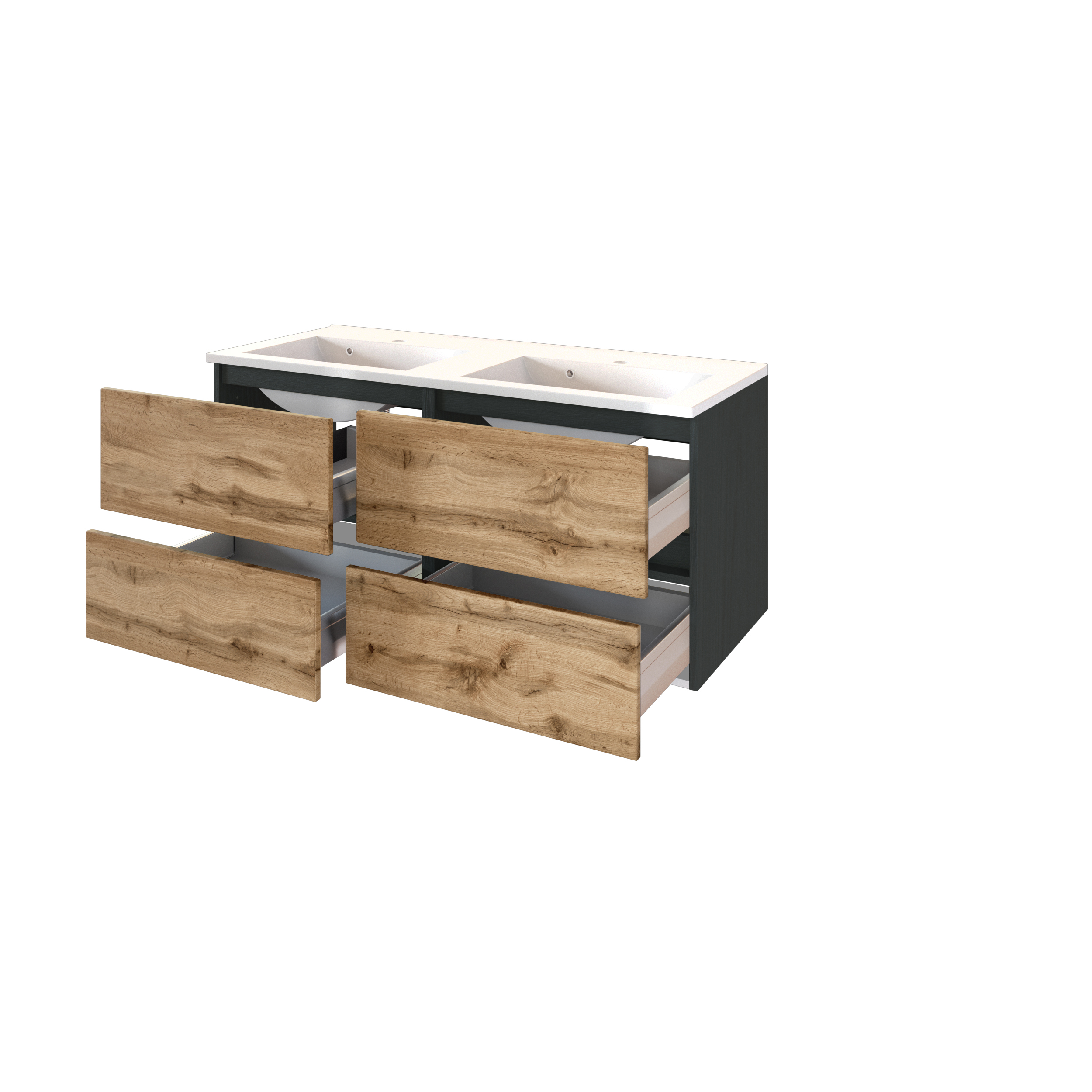 Meuble vasque Luna 120cm avec double vasque et 4 tiroirs - graphite/chêne - Image 9