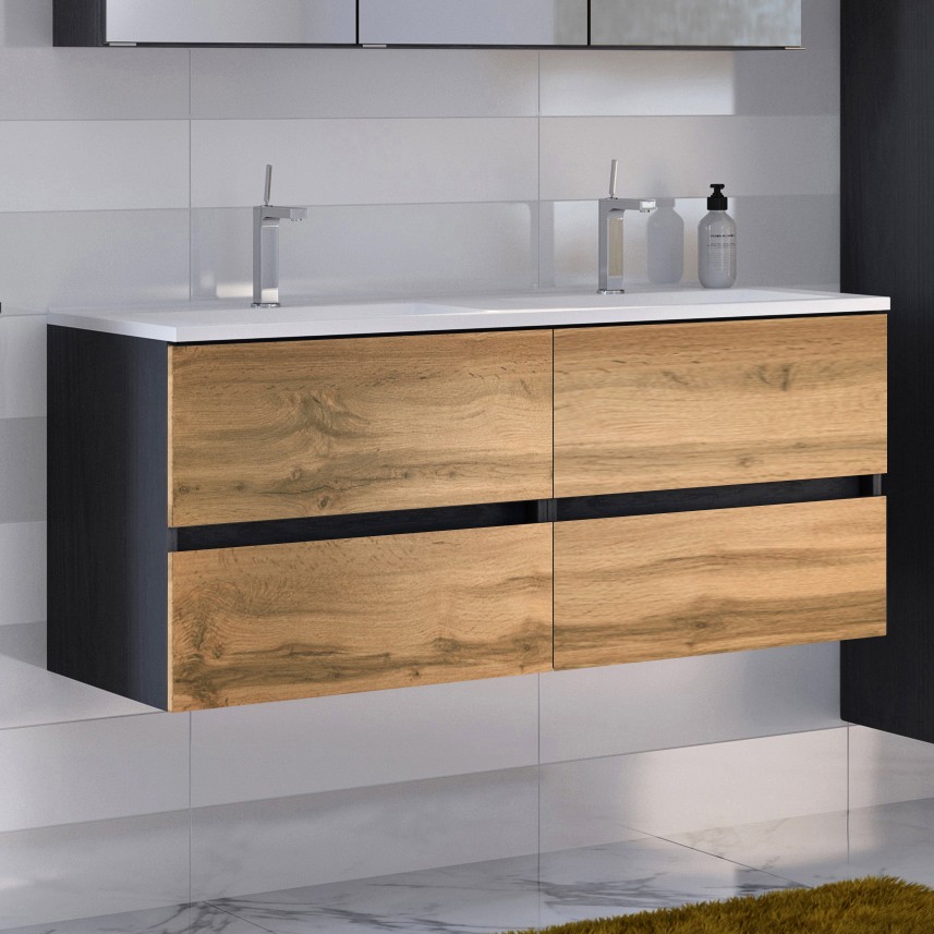 Meuble vasque Luna 120cm avec double vasque et 4 tiroirs - graphite/chêne