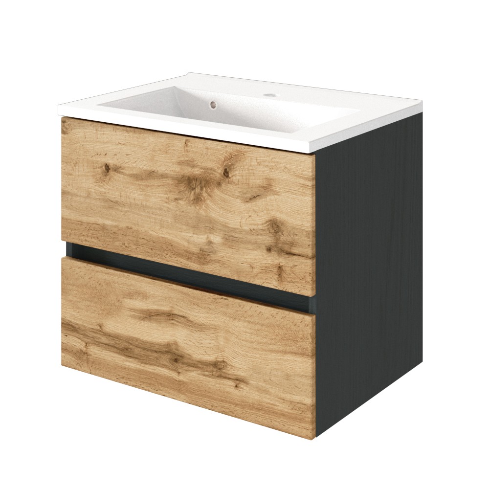 Meuble vasque Luna 60cm 2 tiroirs - graphite/chêne - Image 1