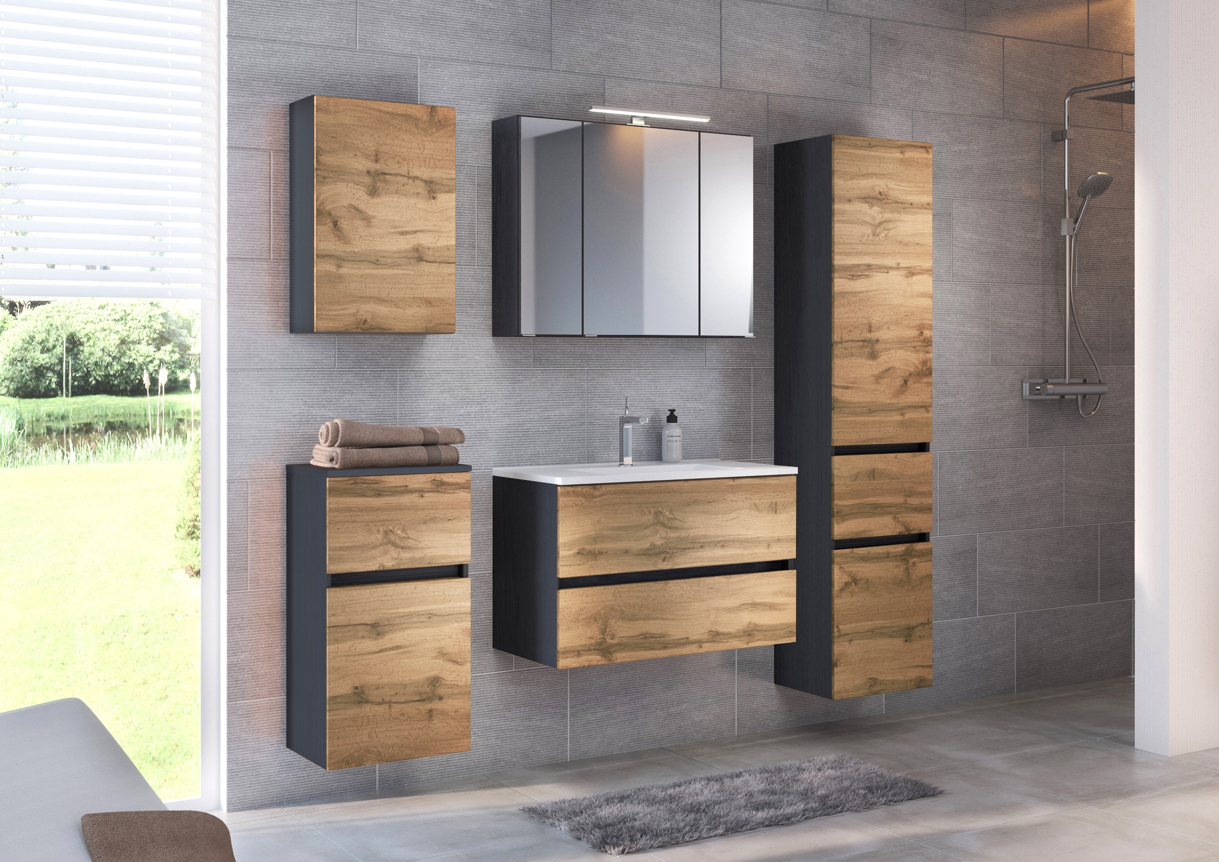 Meuble vasque Luna 80cm 2 tiroirs - graphite/chêne - Image 9