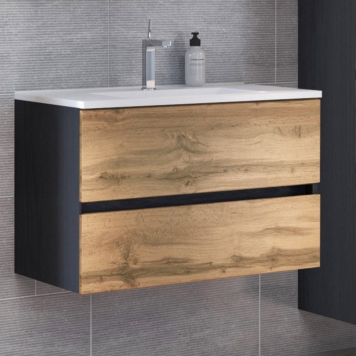 Meuble vasque Luna 80cm 2 tiroirs - graphite/chêne