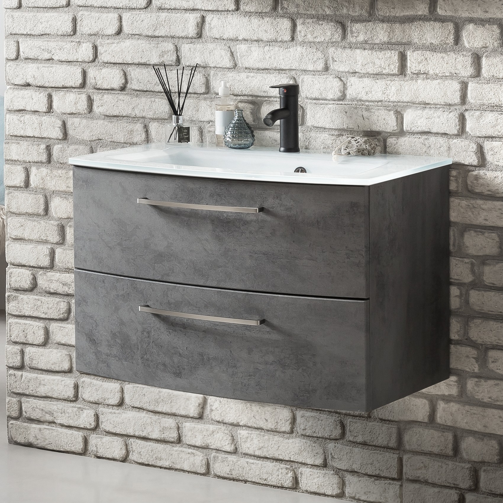 Meuble vasque Stivan 80cm avec vasque blanche - béton