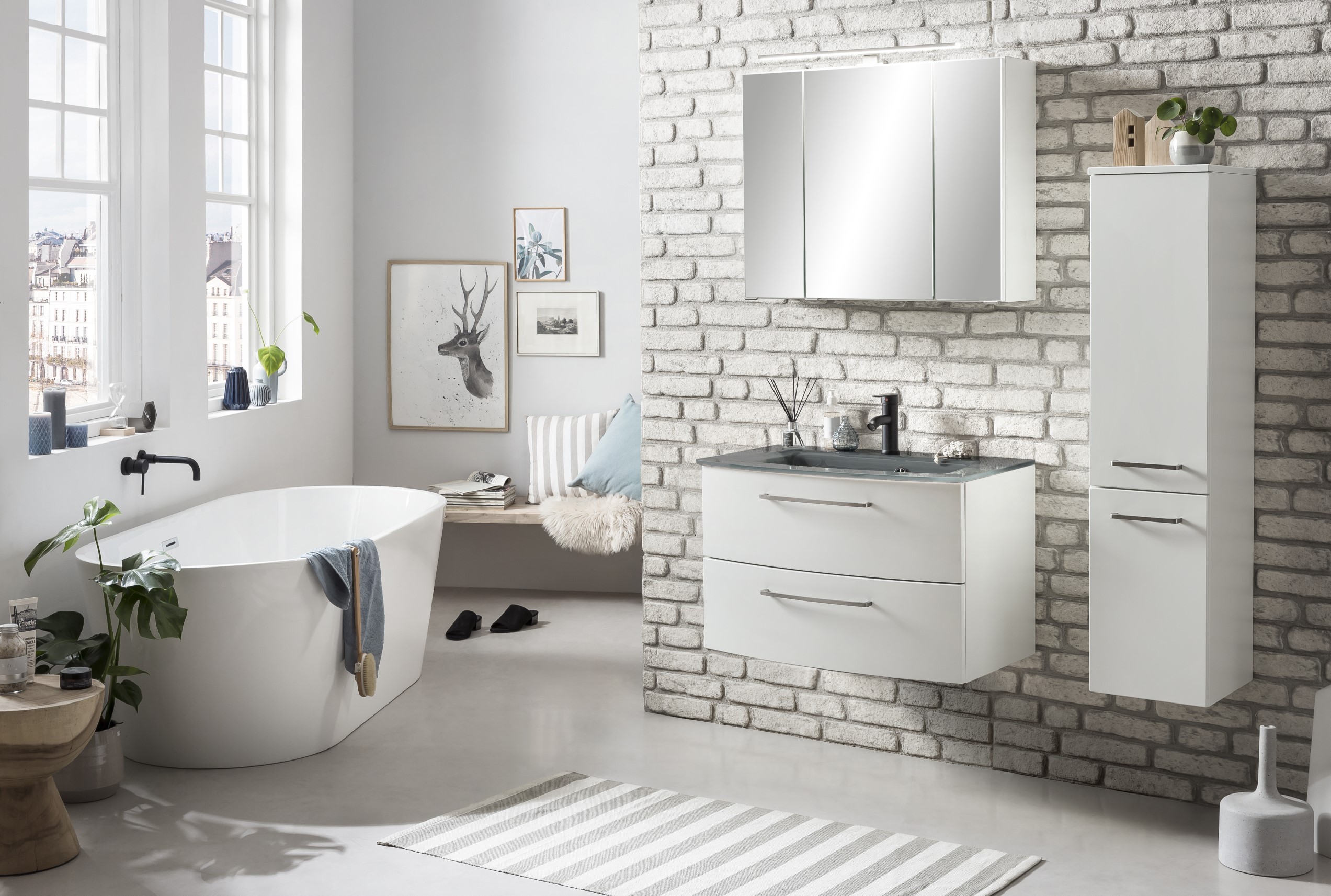 Meuble vasque Stivan 80cm avec vasque grise - blanc - Image 2